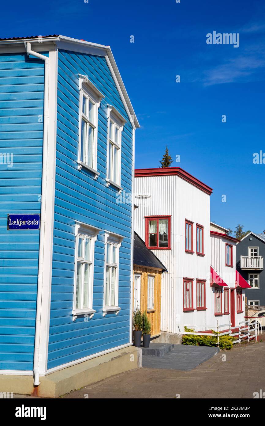 Häuser in der Hafnar Street, Akureyri, Island, Europa Stockfoto