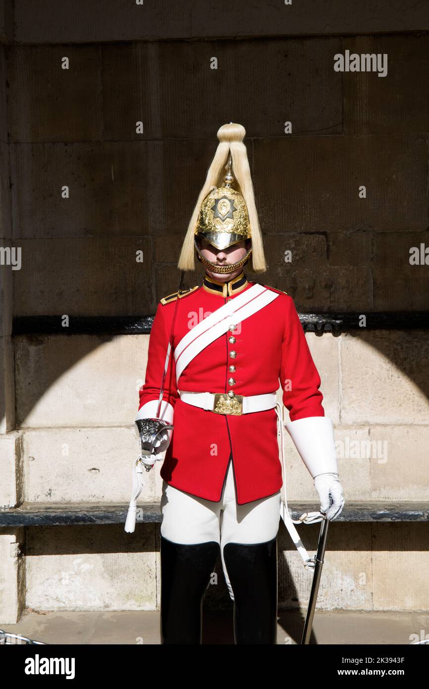 Rettungsschwimmer in scharlachroten Tunika Horse Guards Parade Whitehall London Stockfoto