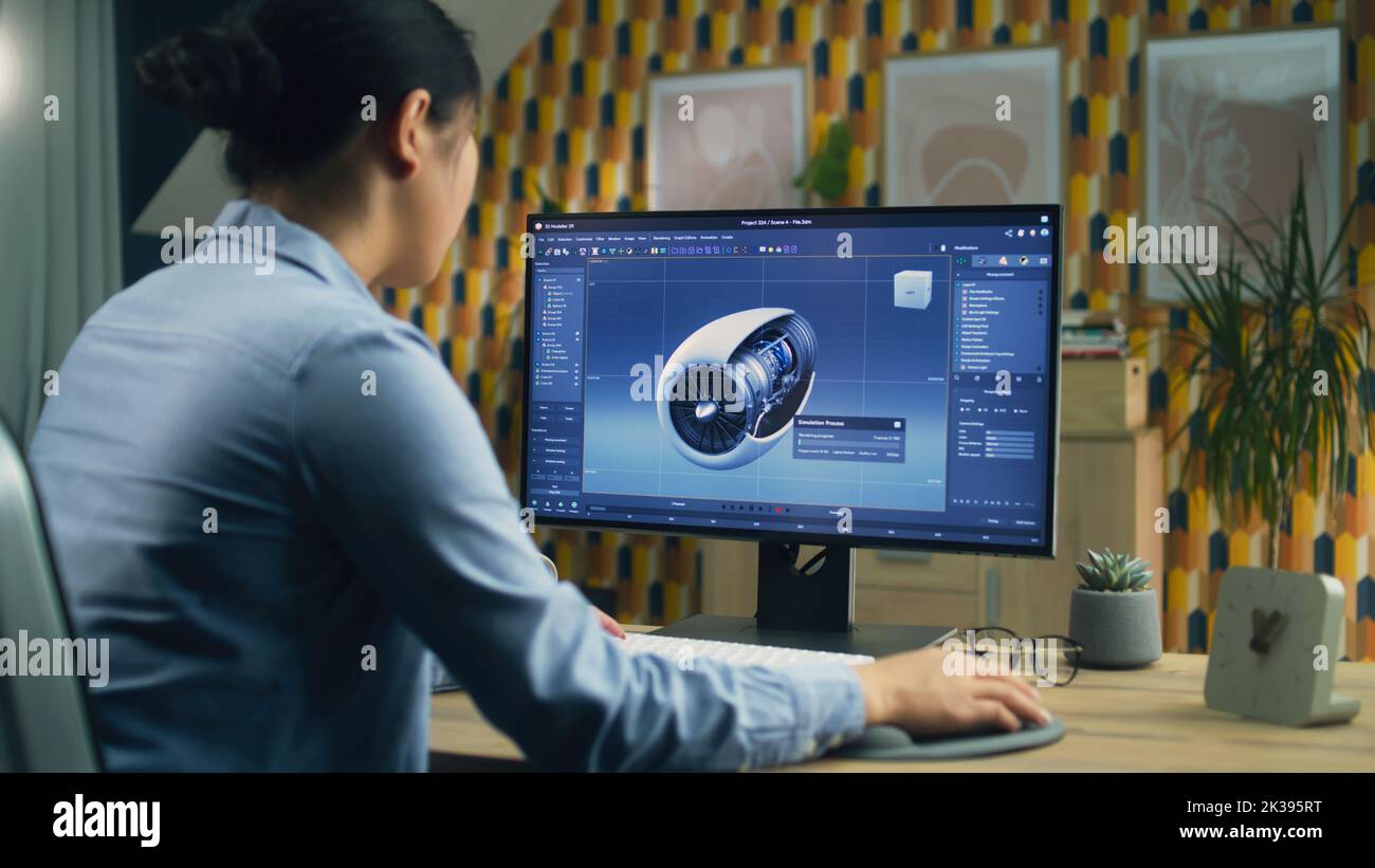 Weibliche 3D-Designerin, die PC mit professionellem Programm verwendet und den Prototyp einer Flugzeugturbine für 3D erstellt, während sie im Home Office Remote arbeitet Stockfoto