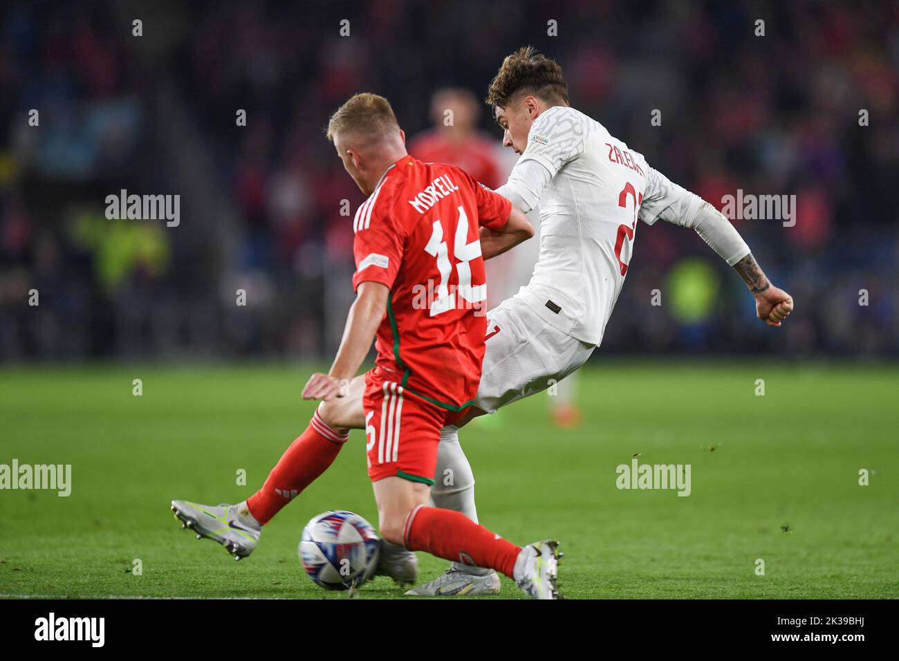 Cardiff, Großbritannien. 25. September 2022. Polens Nicola Zalewski wurde während des Spiels der UEFA Nations League Group A4 zwischen Wales und Polen im Cardiff City Stadium, Cardiff, Großbritannien, 25.. September 2022 (Foto von Mike Jones/News Images) in Cardiff, Großbritannien, am 9/25/2022, von Joe Morrell aus Wales unter Druck gesetzt. (Foto von Mike Jones/News Images/Sipa USA) Quelle: SIPA USA/Alamy Live News Stockfoto