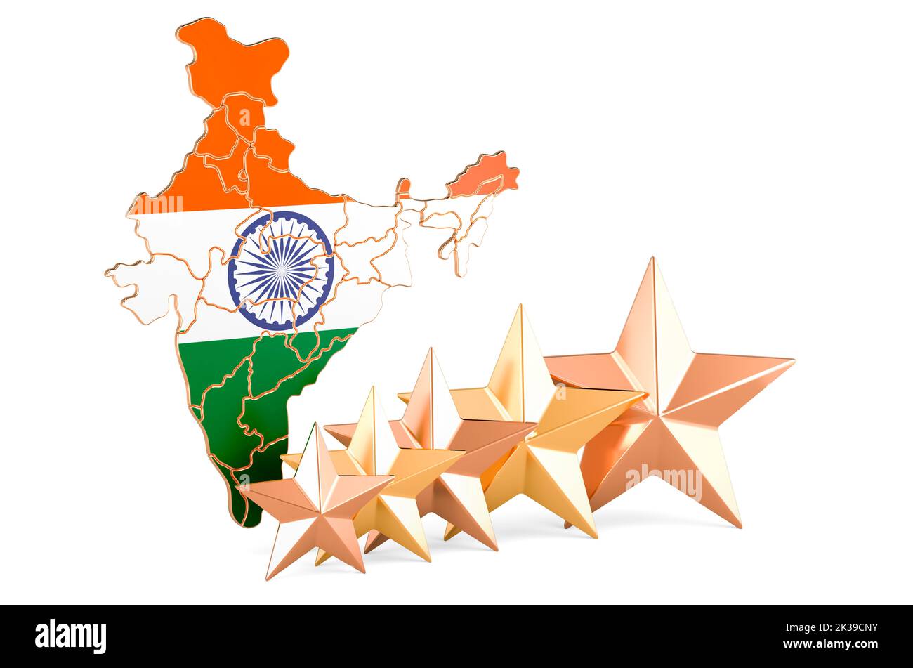 Indische Karte mit fünf Sternen. Bewertung, Qualität, Service in Indien. 3D Darstellung isoliert auf weißem Hintergrund Stockfoto