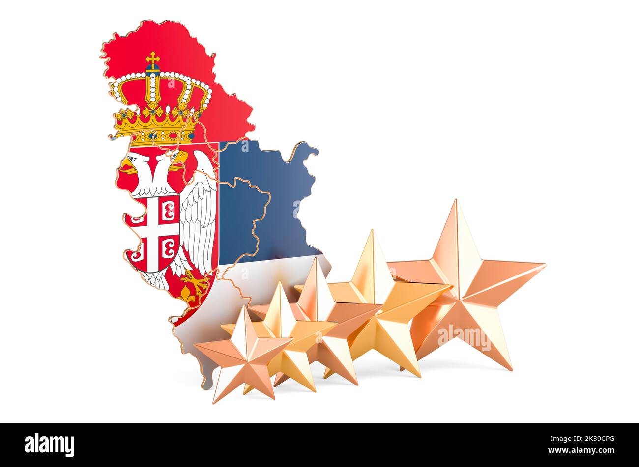 Serbische Karte mit fünf Sternen. Bewertung, Qualität, Service in Serbien. 3D Darstellung isoliert auf weißem Hintergrund Stockfoto