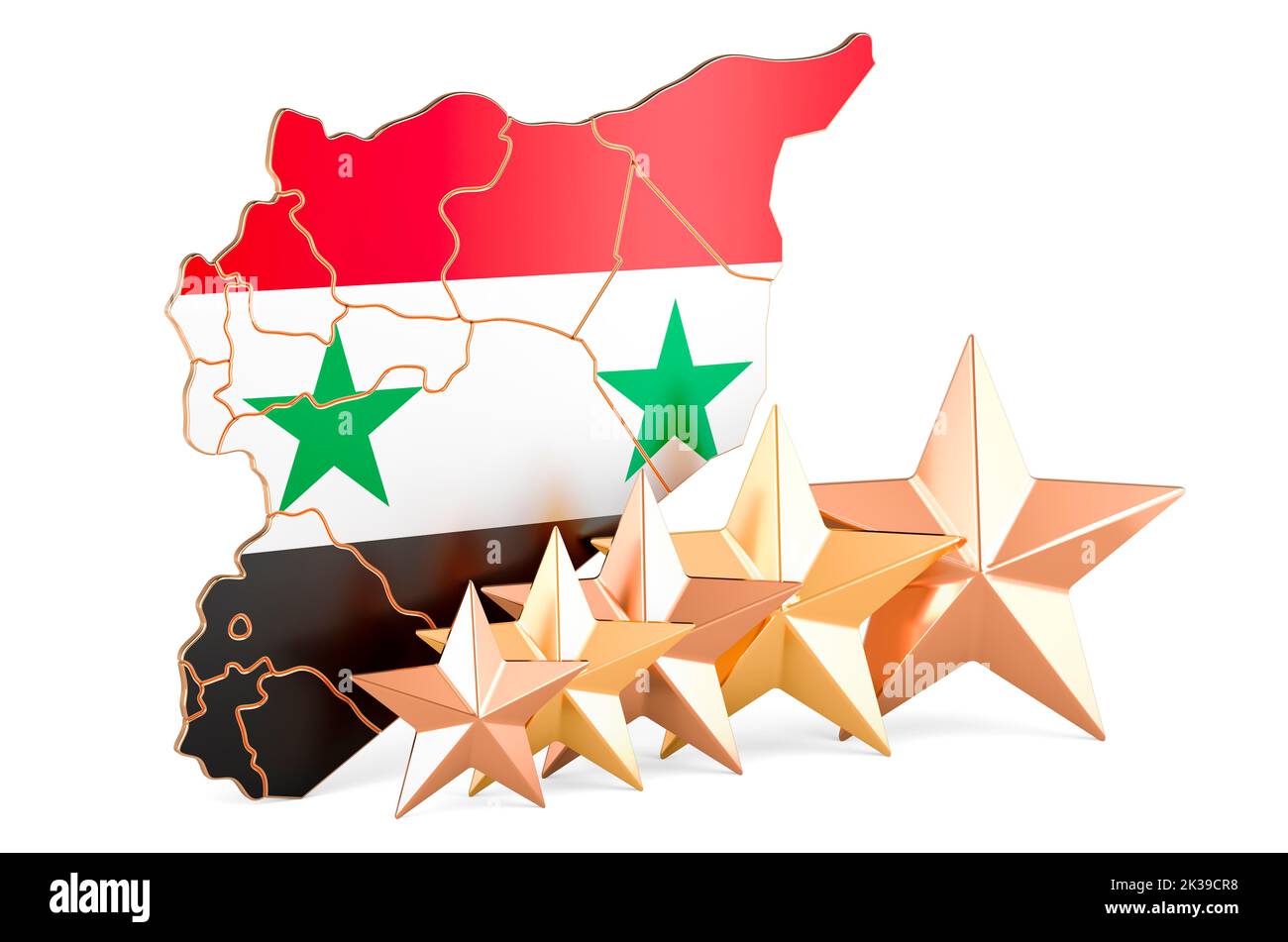 Syrische Karte mit fünf Sternen. Bewertung, Qualität, Service in Syrien. 3D Darstellung isoliert auf weißem Hintergrund Stockfoto