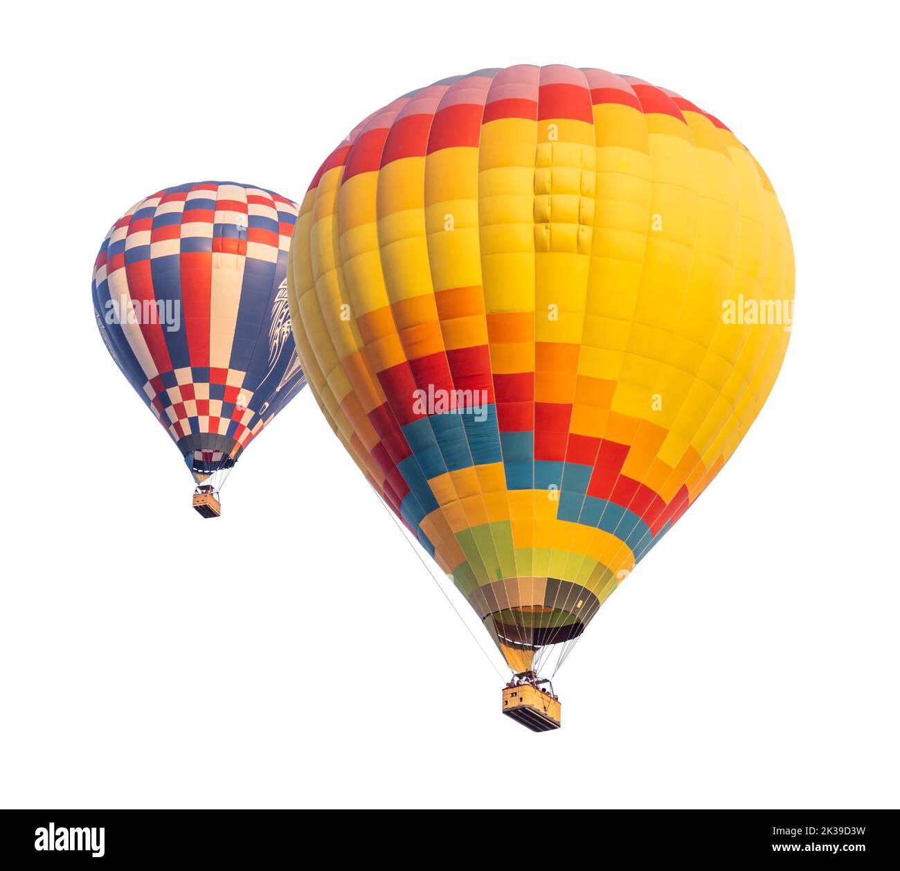 Zwei Heißluftballons auf weißem Hintergrund isoliert. Stockfoto