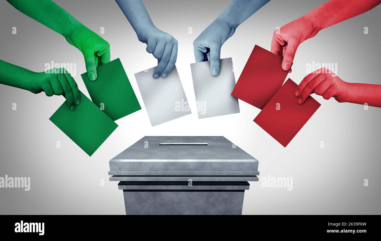 Das Wahlkonzept der italienischen Bevölkerung und der italienischen Gemeinschaft mit Hands, die während einer Wahl als demokratisches Recht in einem E in einem Wahllokal Stimmzettel abgeben Stockfoto