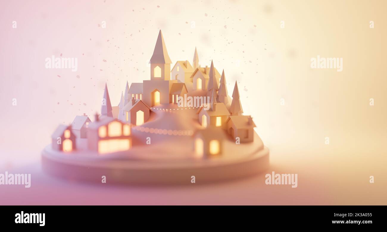 Ein Weihnachtsdorf im Winter mit Gebäuden und Schneefall. Festliche Feiertage Hintergrund 3D Abbildung. Stockfoto