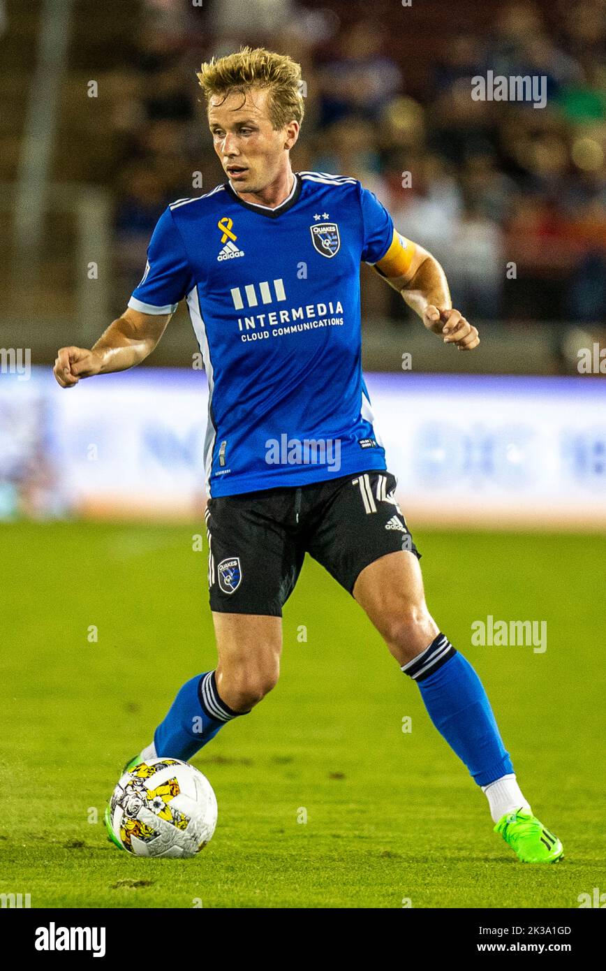 24. September 2022 Palo Alto, CA USA der San Jose Mittelfeldspieler Jackson Yueill (14) spielt im Mittelfeld während des MLS-Spiels zwischen LA Galaxy und den Erdbeben in San Jose. Galaxy besiegte die Erdbeben 3-2 im Stanford Stadium Palo Alto Calif. Thurman James/CSM Stockfoto