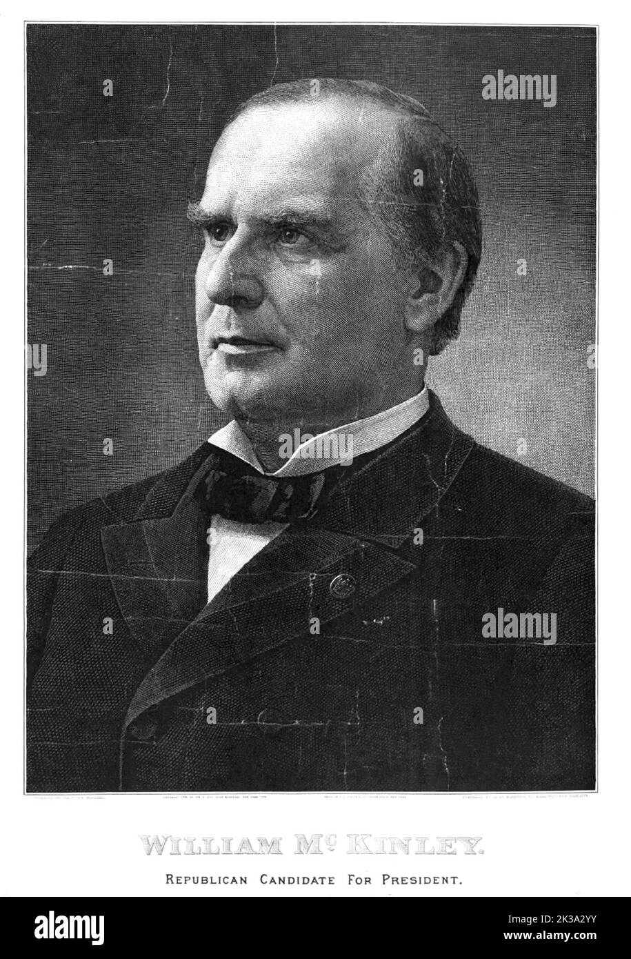 Ein Porträt des US-Präsidenten William McKinley. McKinley war 25. der Präsident der USA und der dritte von vier, die ermordet wurden. Er wurde am 6.. September 1901 von Leon Czolgosz angeschossen. Wie James Garfield erholte sich McKinley kurz von den Wunden, um einige Zeit später an einer Sepsis zu sterben. In diesem Stich wird er als Präsidentschaftskandidat gesehen. Stockfoto