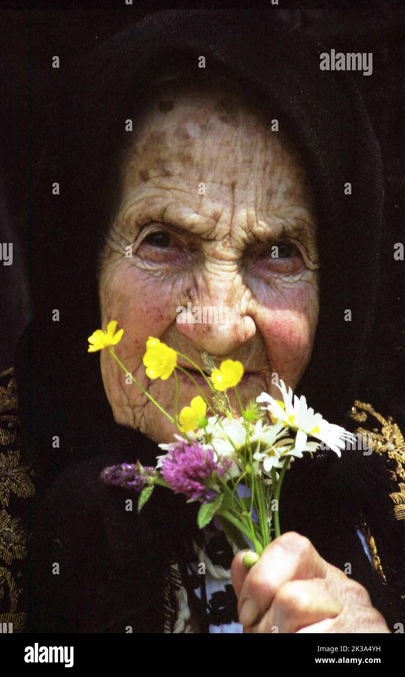Porträt einer älteren Frau mit Wildblumen im Kreis Alba, Rumänien, ca. 2000 Stockfoto