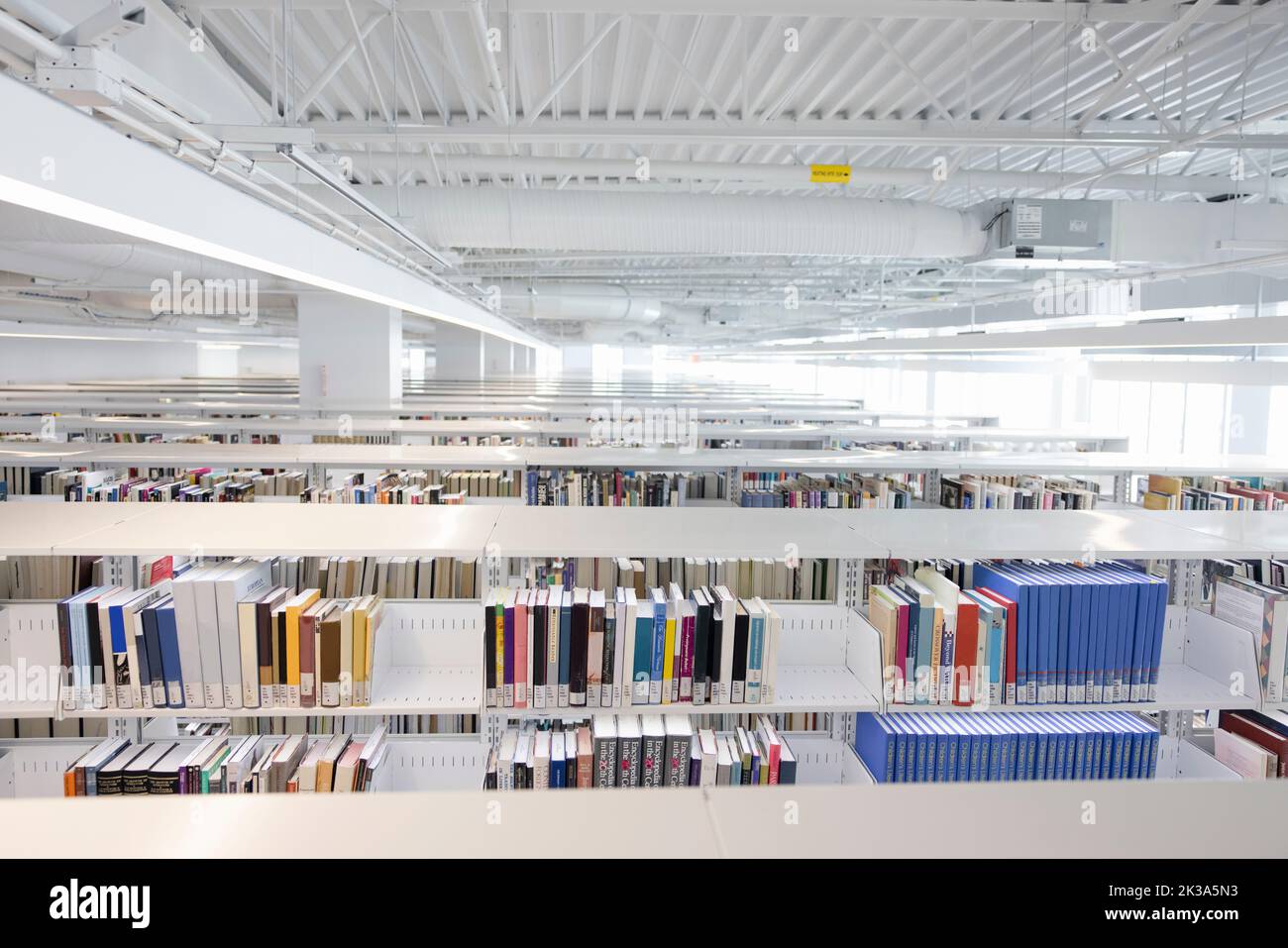 Bücher über Bücherregale in Bibliothek Stockfoto