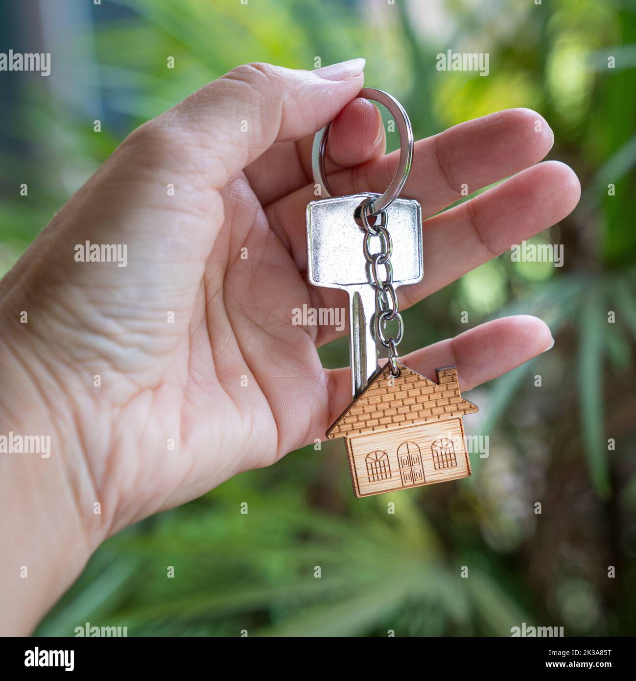 Hand hält Hausschlüssel mit Palmen Natur Hintergrund. Eigenheimkonzept. Stockfoto