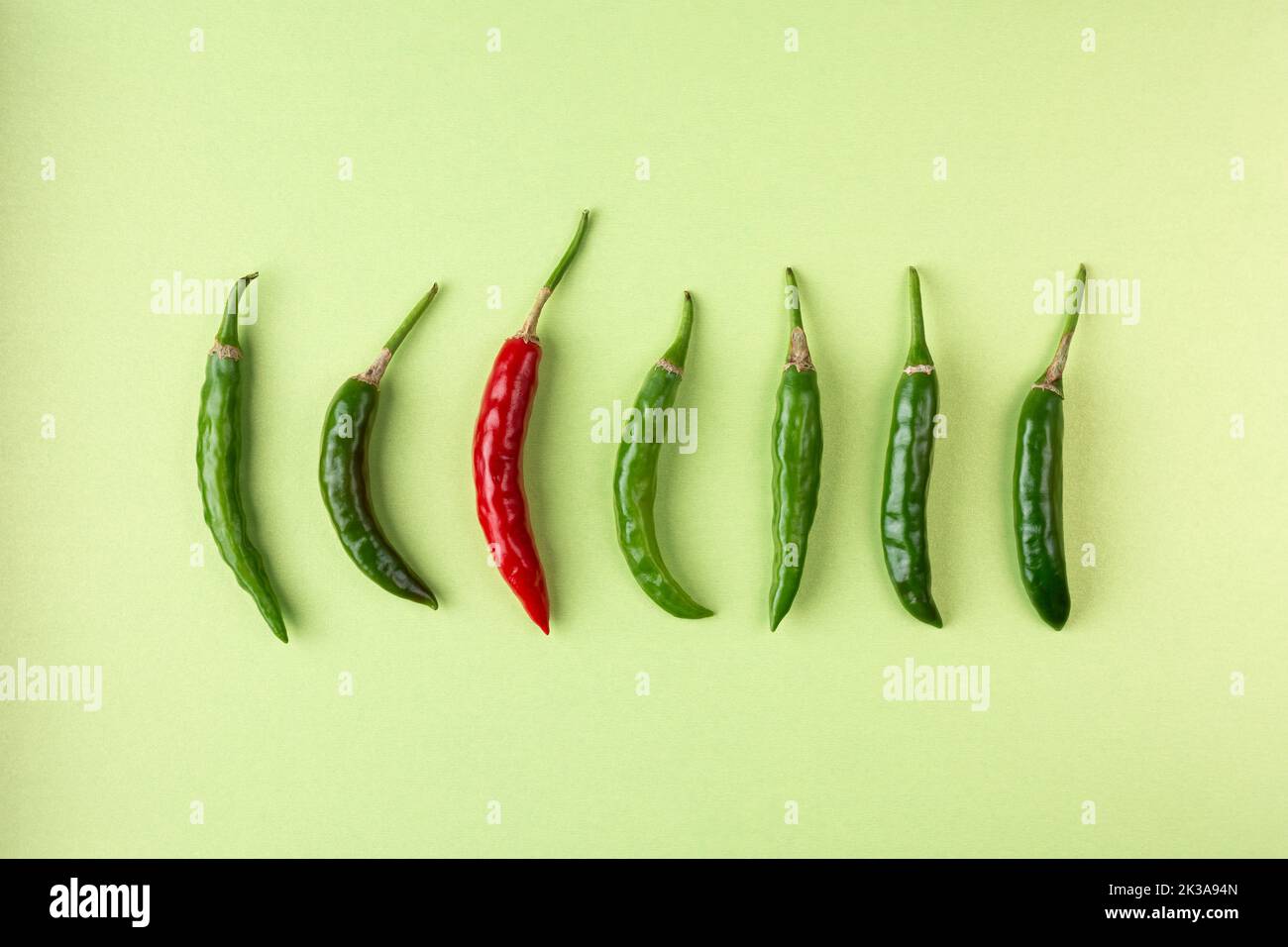 Grüne und rote Chilis auf körnigen strukturierten hellgrünen Hintergrund angeordnet, reifen und unreifen gemeinsamen Gemüse für ihren würzigen Geschmack verwendet Stockfoto