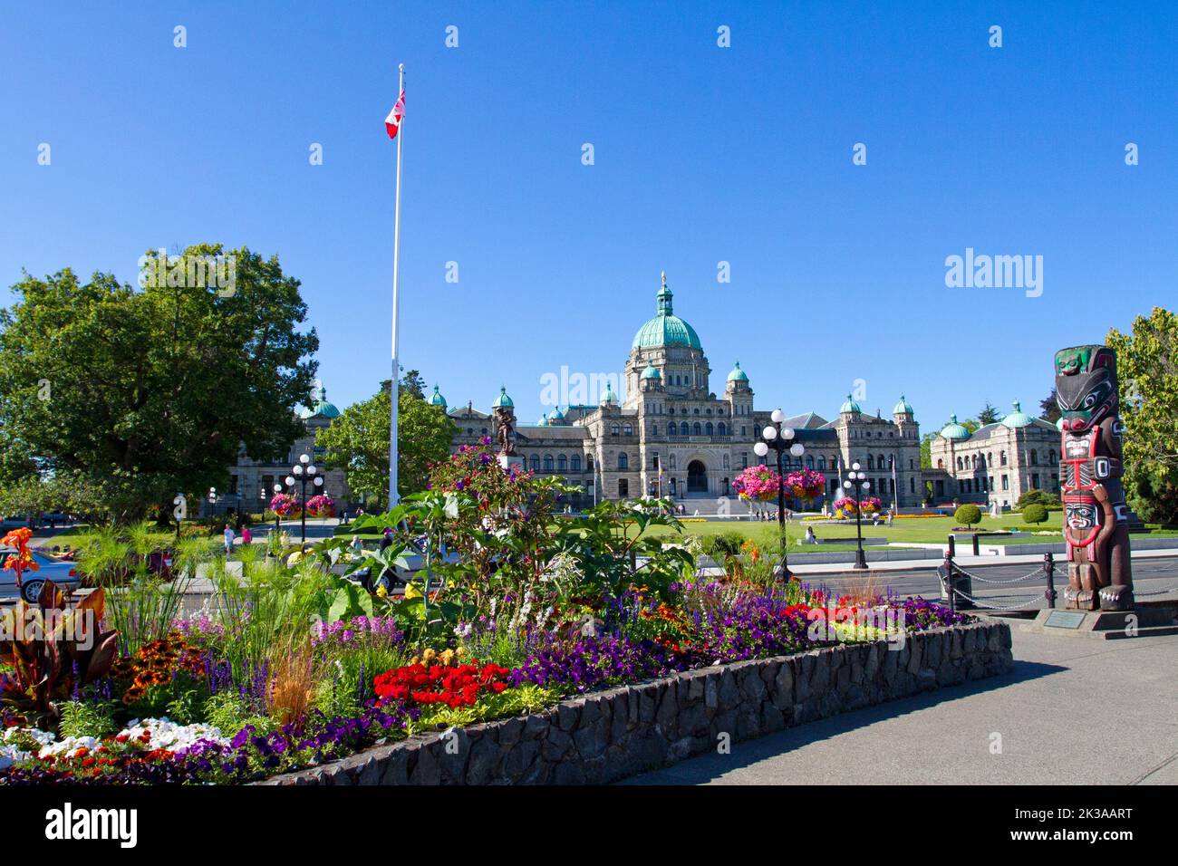 Eine malerische Aussicht auf die Parlamentsgebäude von British Columbia in Victoria, British Columbia, Kanada, wo sich die Legislative Assembly von British Columbia einstellt Stockfoto