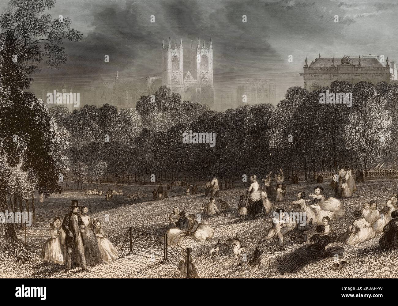 St James's Park, Buckingham Palace, Westminster Abbey, London, England, Nach Thomas Harvey, ca. 1800 Stockfoto