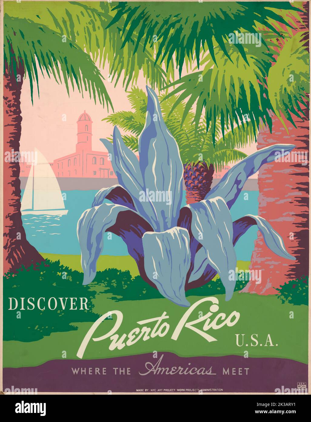 Entdecken Sie Puerto Rico, USA, wo sich Amerika trifft, Vintage-Reiseposter von Frank S. Nicholson. Ca. 1930-1940 Stockfoto