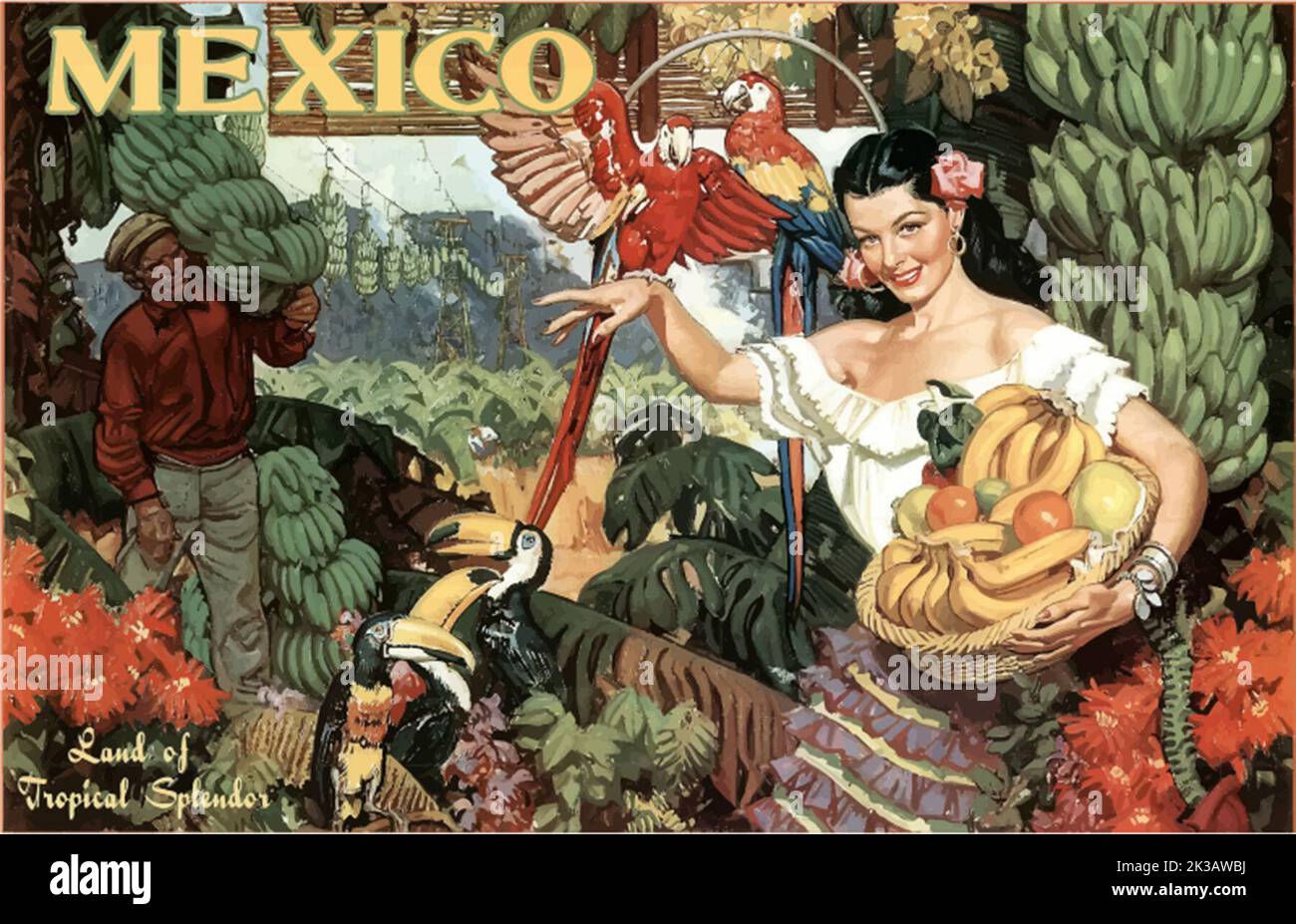 Cololrful Vintage Mexiko Reise Poster mit dem Titel Land of Tropical Splendor Stockfoto