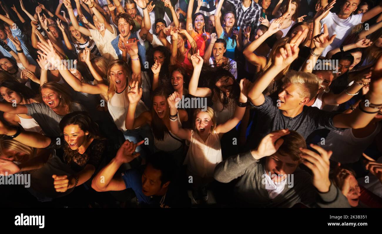 Ein großes Publikum bei einem Musikkonzert - Dieses Konzert wurde für den alleinigen Zweck dieses Fotoshootings mit 300 Models und 3 Live-Bands geschaffen. Alle Personen Stockfoto