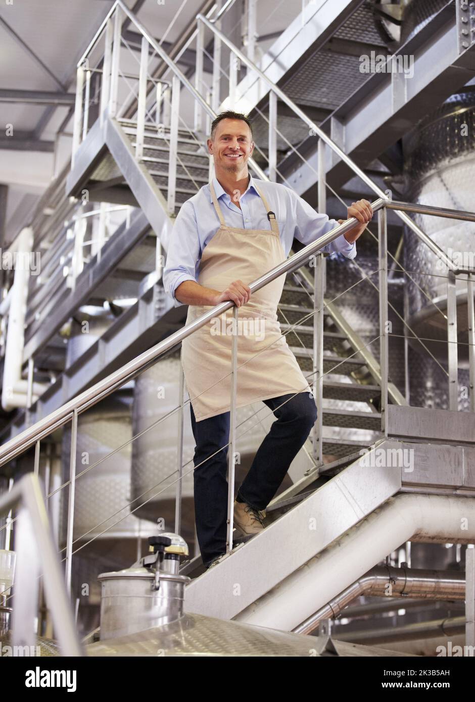 Seine Leidenschaft können Sie in seinen Weinen probieren. Porträt eines reifen Weinherstellers, der neben seinen Stahltanks in seinem Keller steht. Stockfoto