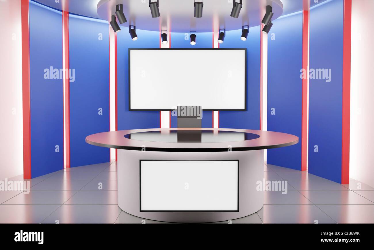 Glastisch und lcd-Hintergrund im Nachrichtenstudio.3D Rendering. Stockfoto