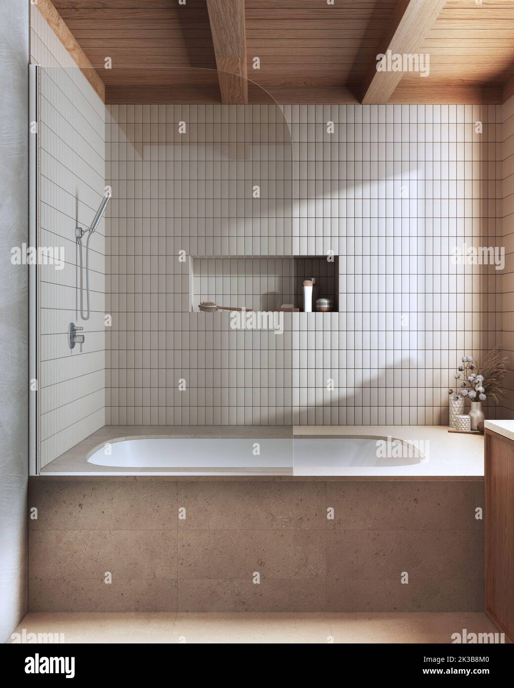 Japandiisches Badezimmer aus Holz und Marmor in Weiß- und Beigetönen. Badewanne mit Fliesen. Minimalistisches Interieur-Design des Bauernhauses Stockfoto