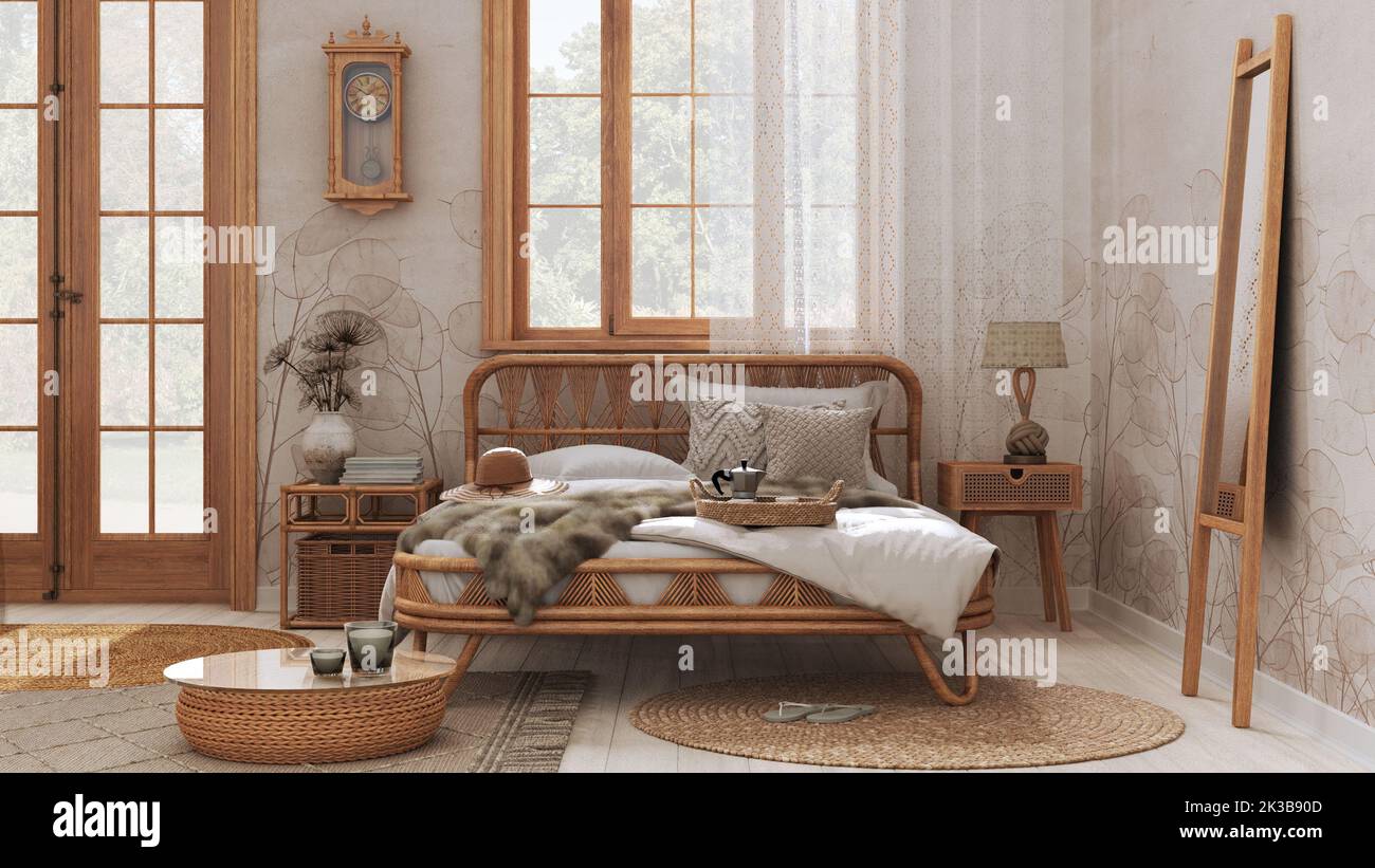 Boho Chic Bauernhaus Schlafzimmer mit Doppelbett und Rattan-Möbel. Juteppich und Dekor in Weiß- und Beigetönen. Landtapete, unkonventionelle Interio Stockfoto