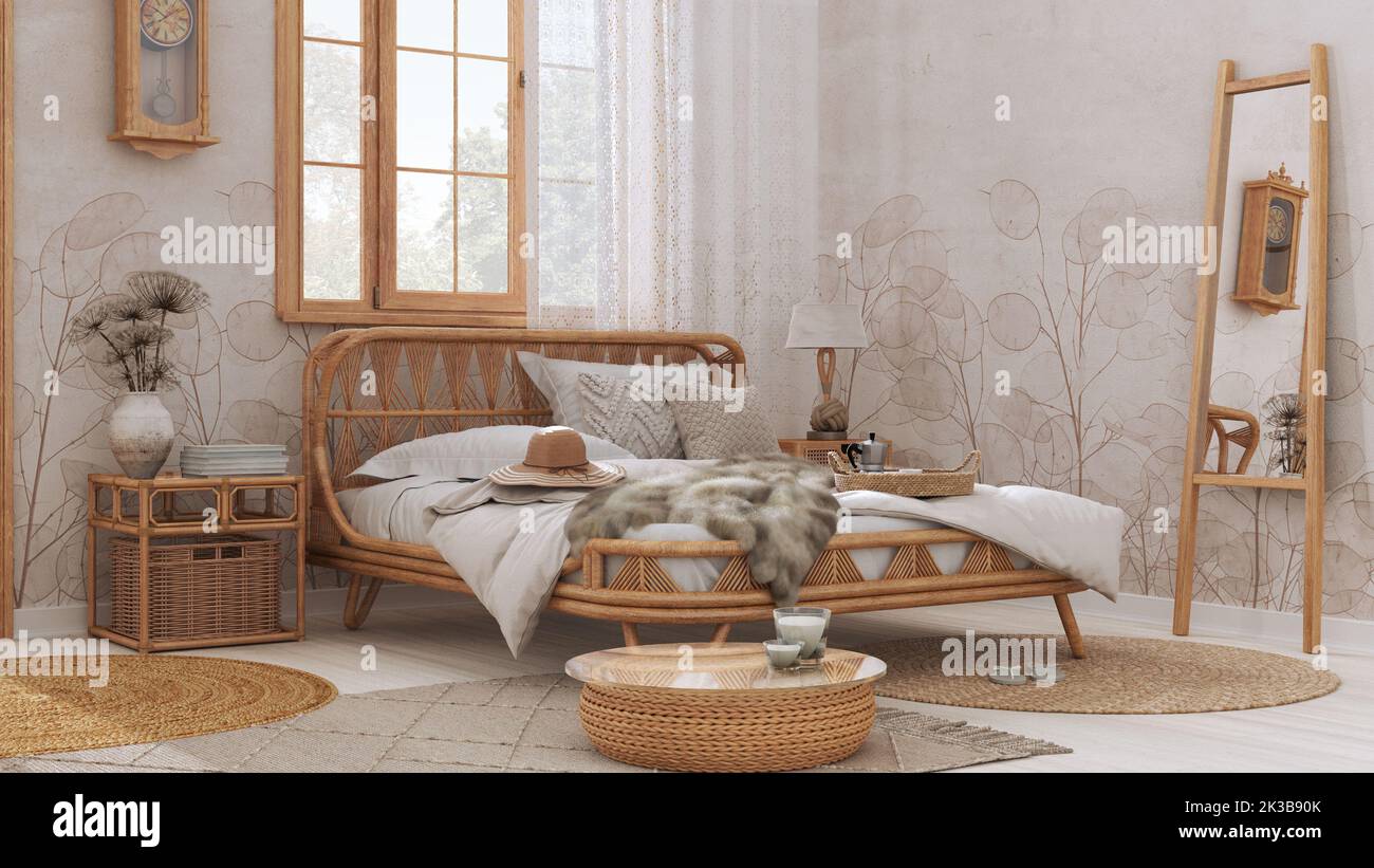 Holz Bauernhaus Schlafzimmer in Boho chic Stil. Rattanbett und Möbel in Weiß- und Beigetönen. Landtapete, Vintage-Interieur-Design Stockfoto