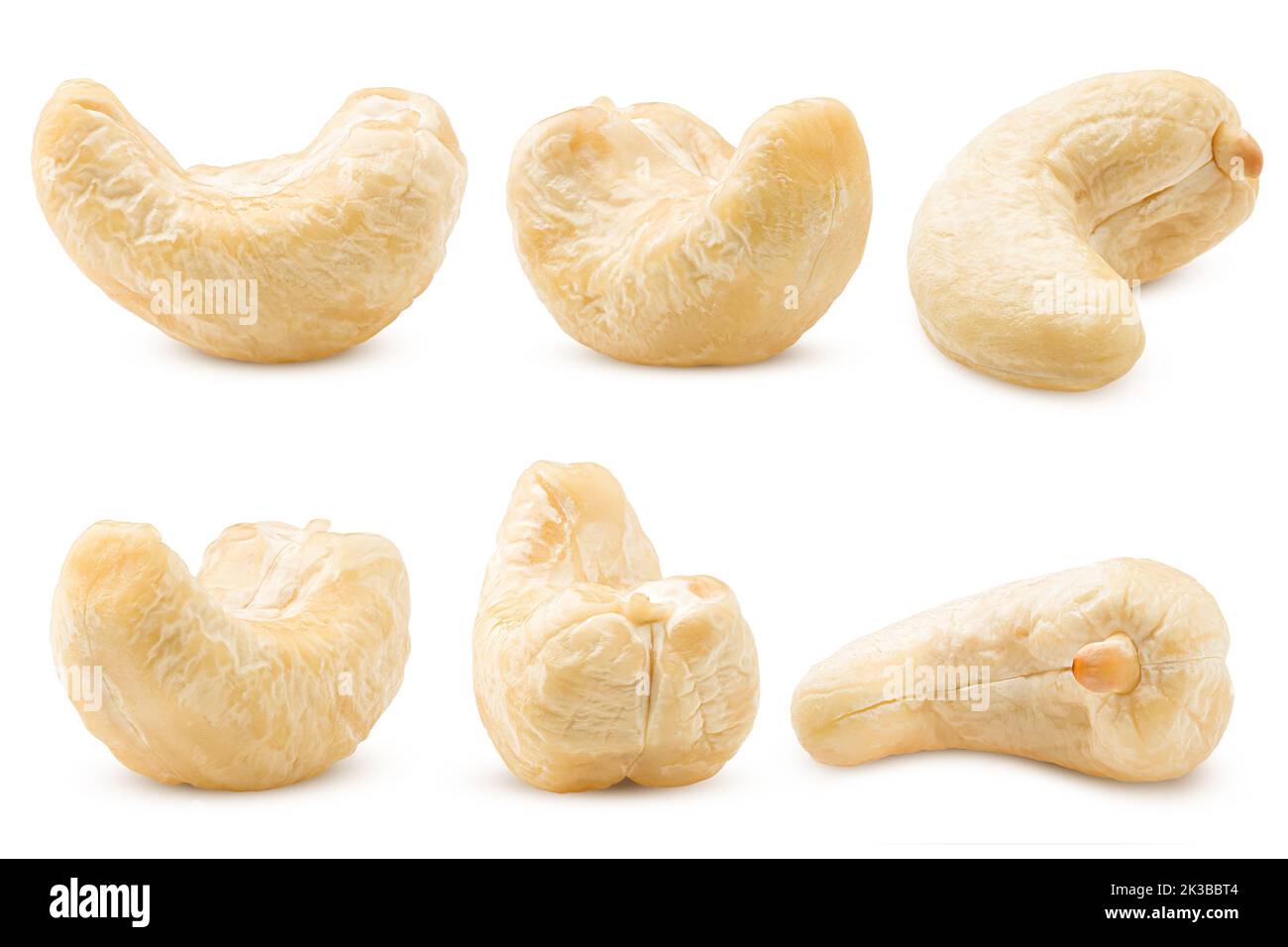 Cashewnuss auf weißem Hintergrund, Beschneidungspfade, volle Tiefenschärfe Stockfoto