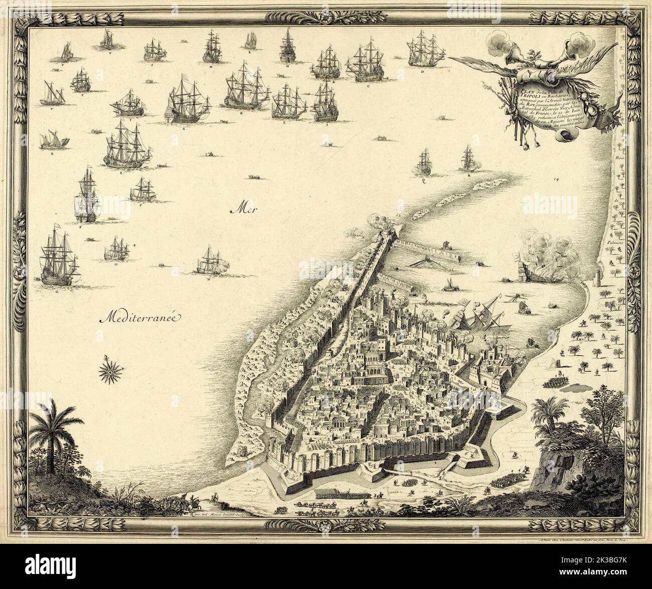 Karte der Stadt Tripoli in der Barbar. Angriff der französischen königlichen Armee unter dem Kommando von Admiral Jean II. D'Estrées - von Incomu - Radierung 1685 Stockfoto