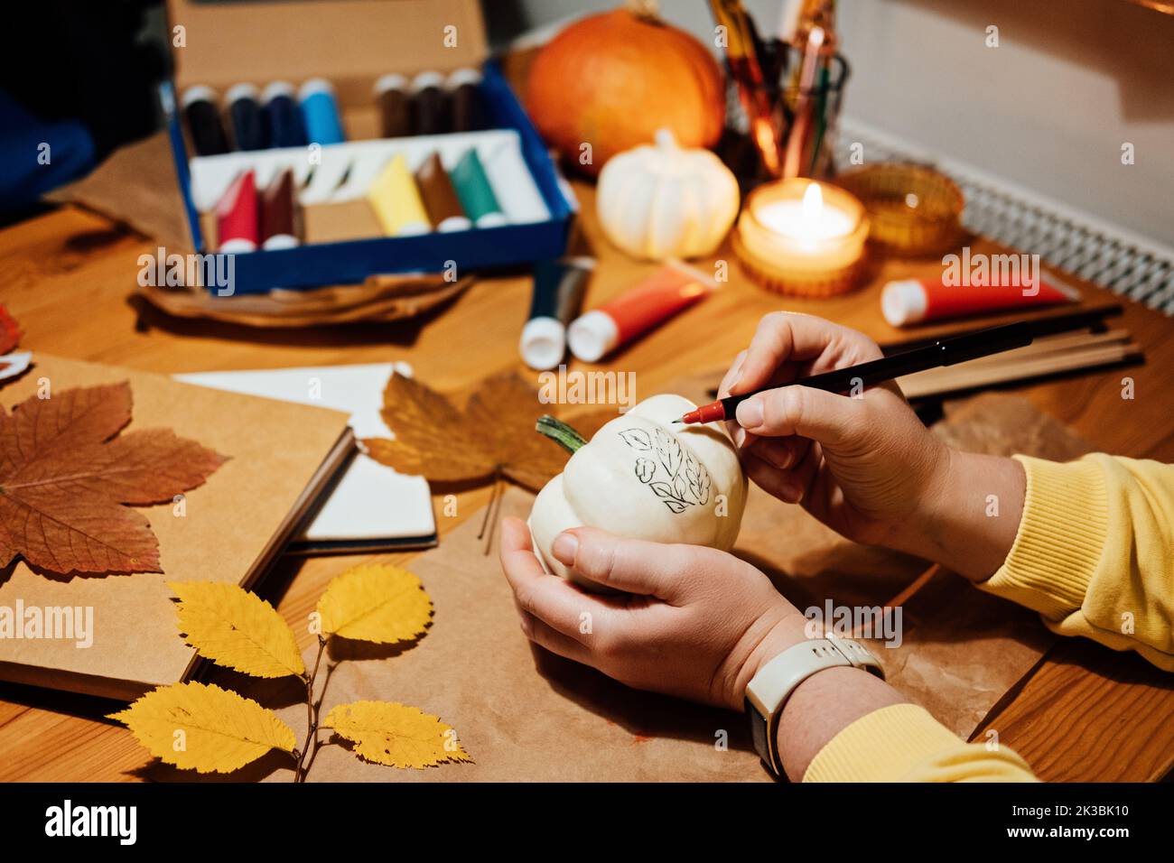 Herbstkürbisse Handwerk. DIY Herbst Crafts für Erwachsene. Weibliche Hände zeichnen Muster auf weißem Kürbis vor herbstlichem Dekorhintergrund auf den Tisch zu Hause Stockfoto