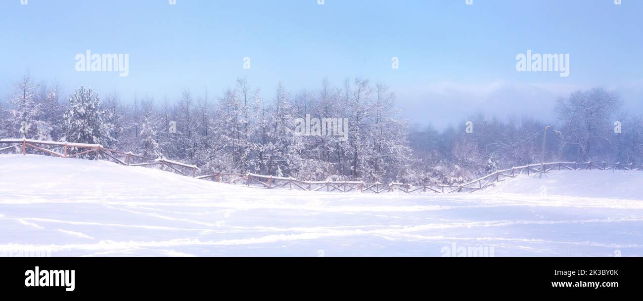 Die Gipfel des Rila-Gebirges sind im Winter mit Schnee bedeckt. Bansko, Bulgarien Ski-Resort Panorama-Banner mit Kiefern und Holzzaun Stockfoto