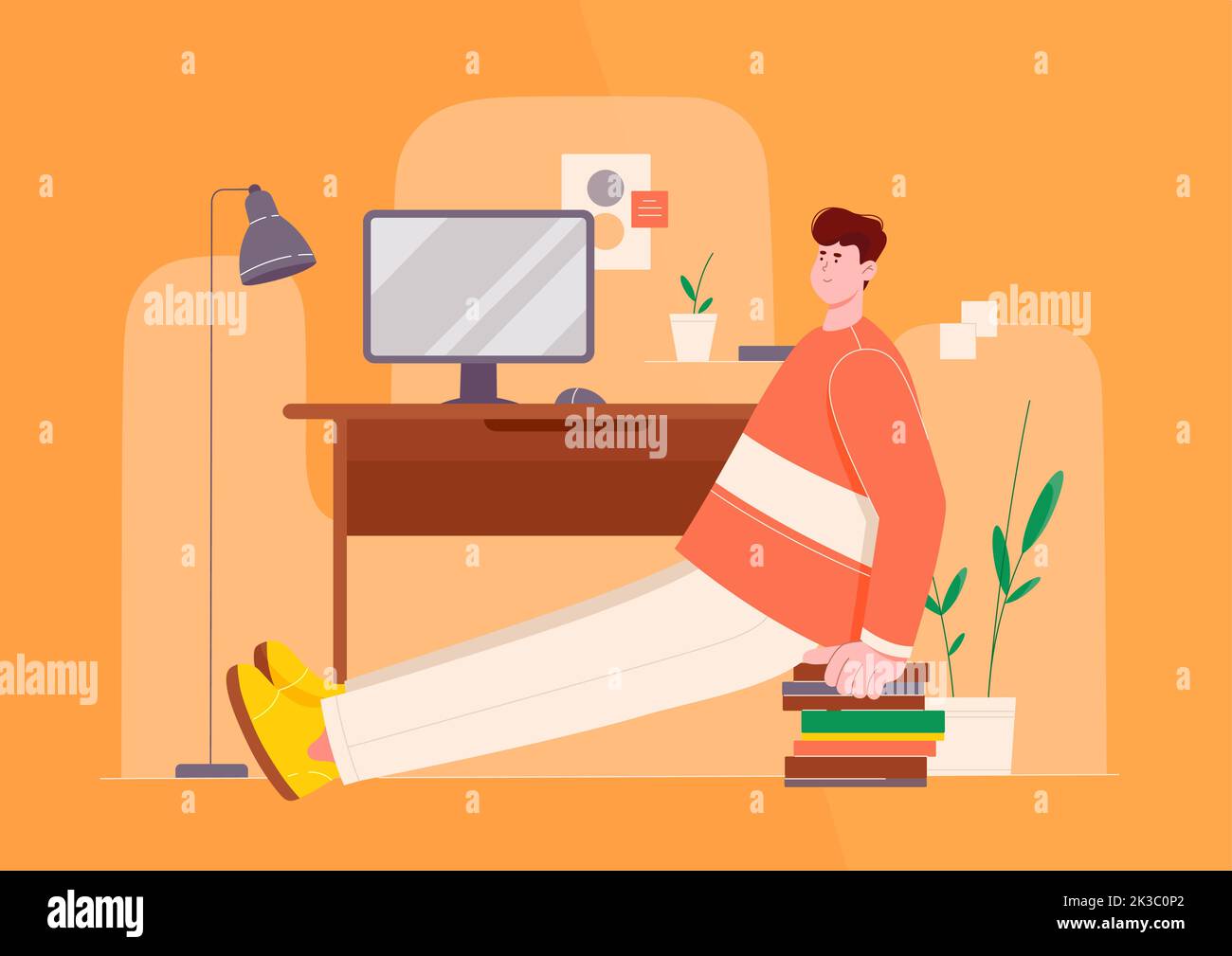 Vektorgrafik für das Training im Büro. Cartoon junge kleine Arbeiter, die körperliche Übungen und Gymnastik am Arbeitsplatz während der Arbeitspause, Mitarbeiter Stretching in der Nähe von Computer-Schreibtisch, um die Gesundheit zu kümmern Stock Vektor