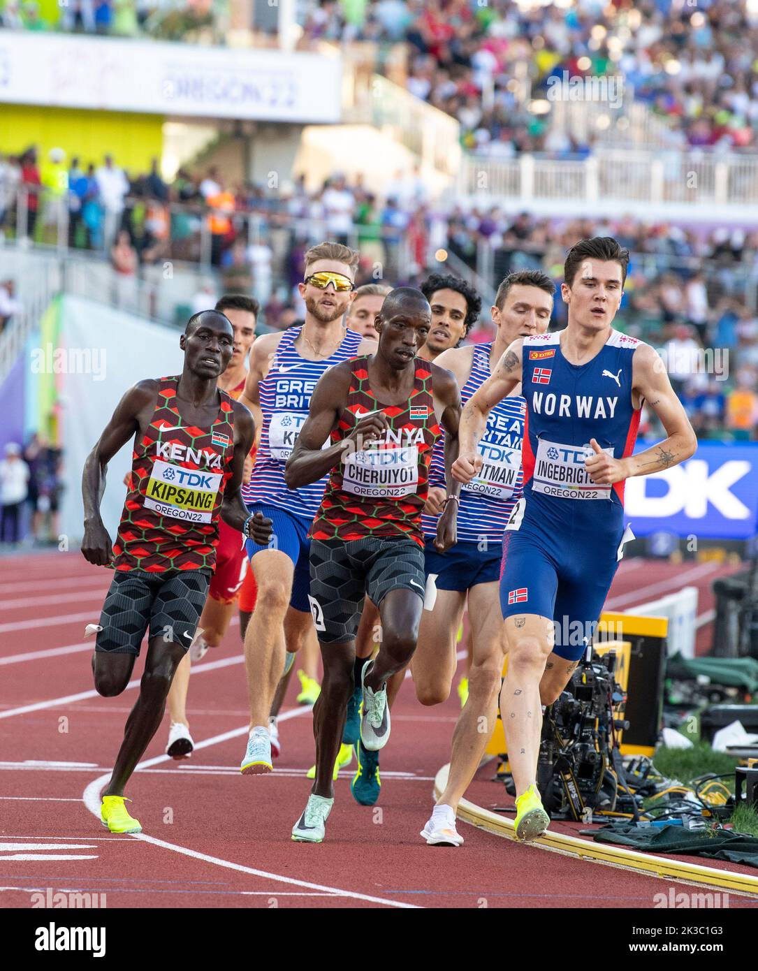 Abel Kipsang, Timothy Cheruiyot, Jakob Iingebrigtsen im Finale der Männer 1500m bei den Leichtathletik-Weltmeisterschaften, Hayward Field, Eugene, OR Stockfoto