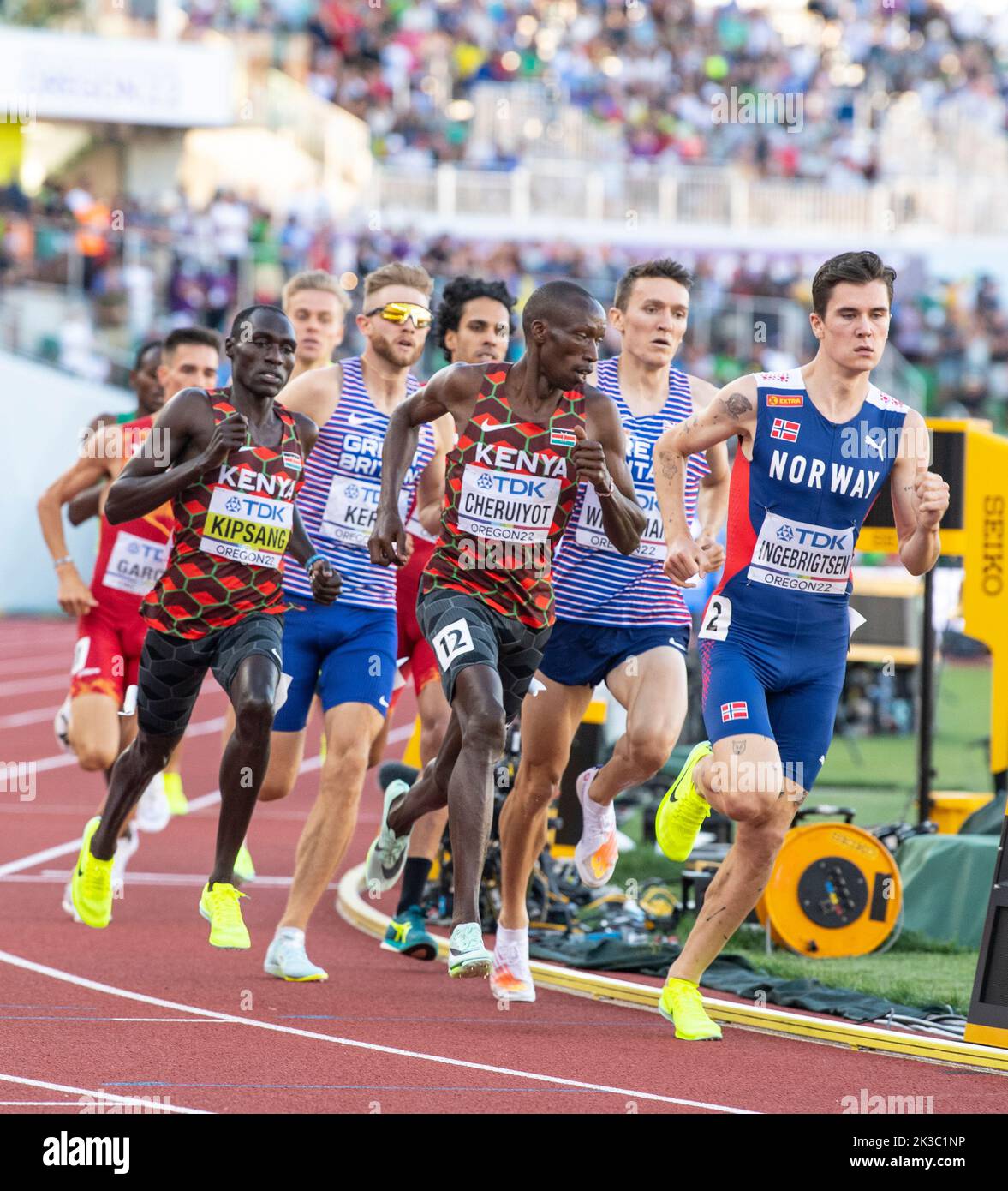 Abel Kipsang, Timothy Cheruiyot, Jakob Iingebrigtsen im Finale der Männer 1500m bei den Leichtathletik-Weltmeisterschaften, Hayward Field, Eugene, OR Stockfoto