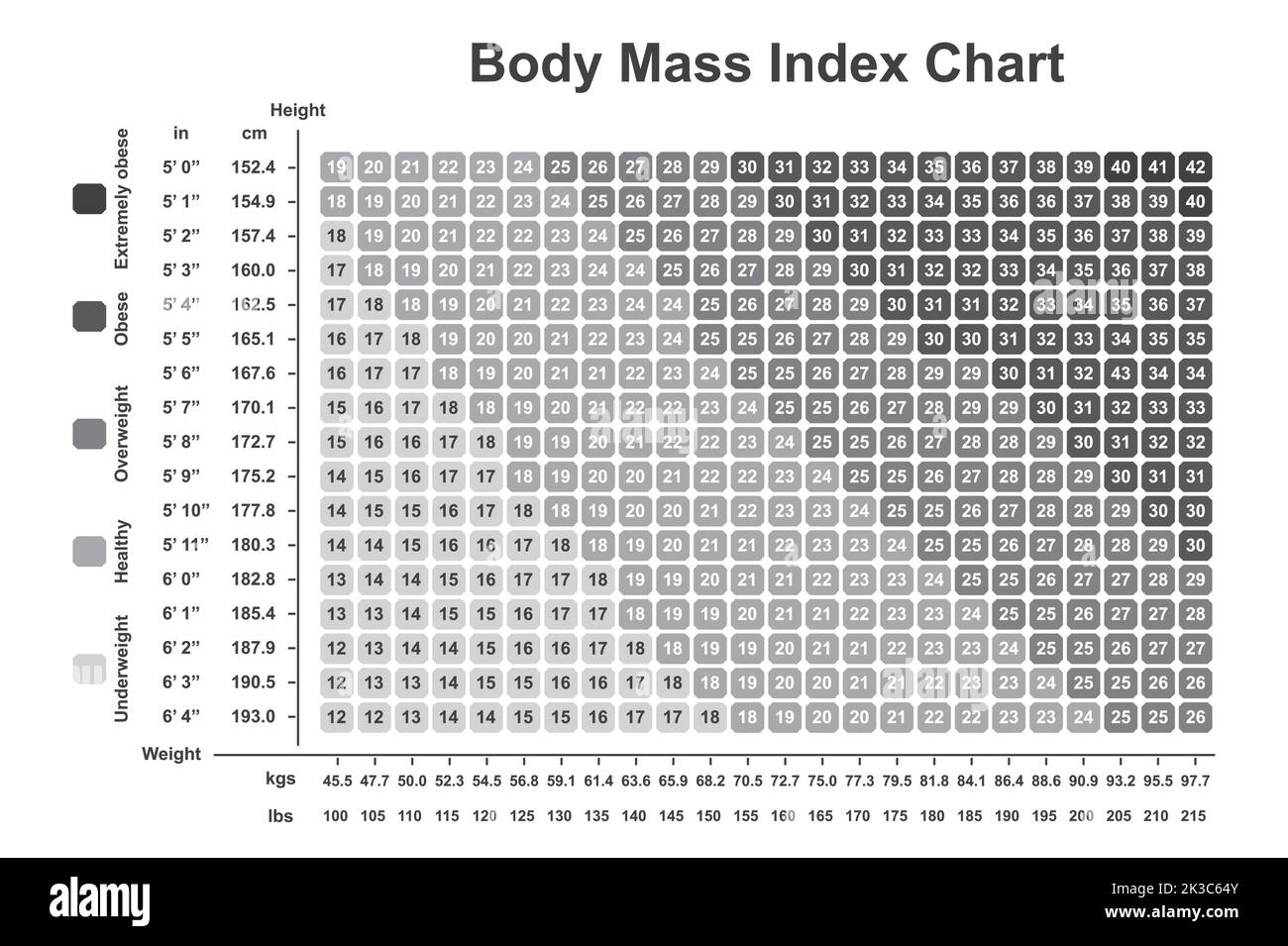Body Mass Index (BMI)-Diagramm. BMI-Rechner zur Überprüfung Ihres Body Mass Index. Bunte Symbole. Vektorgrafik. Stock Vektor