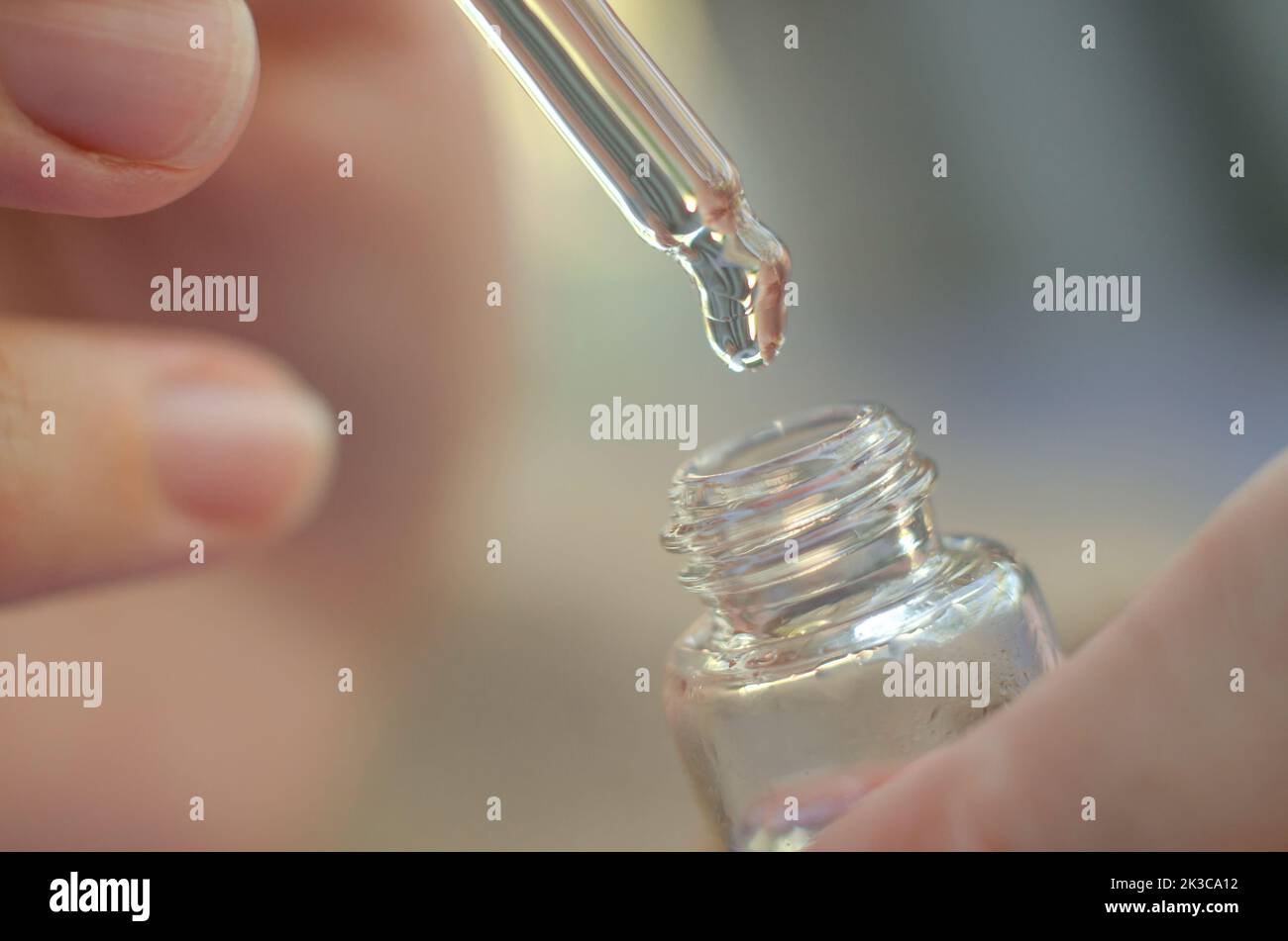 Serum tropft von einer Pipette in eine Flasche in der Nähe in weiblichen Händen. Ein Tropfen Pflegemittel tropft in eine Flasche. Serum, Öl für Haut- und Haarpflege Stockfoto