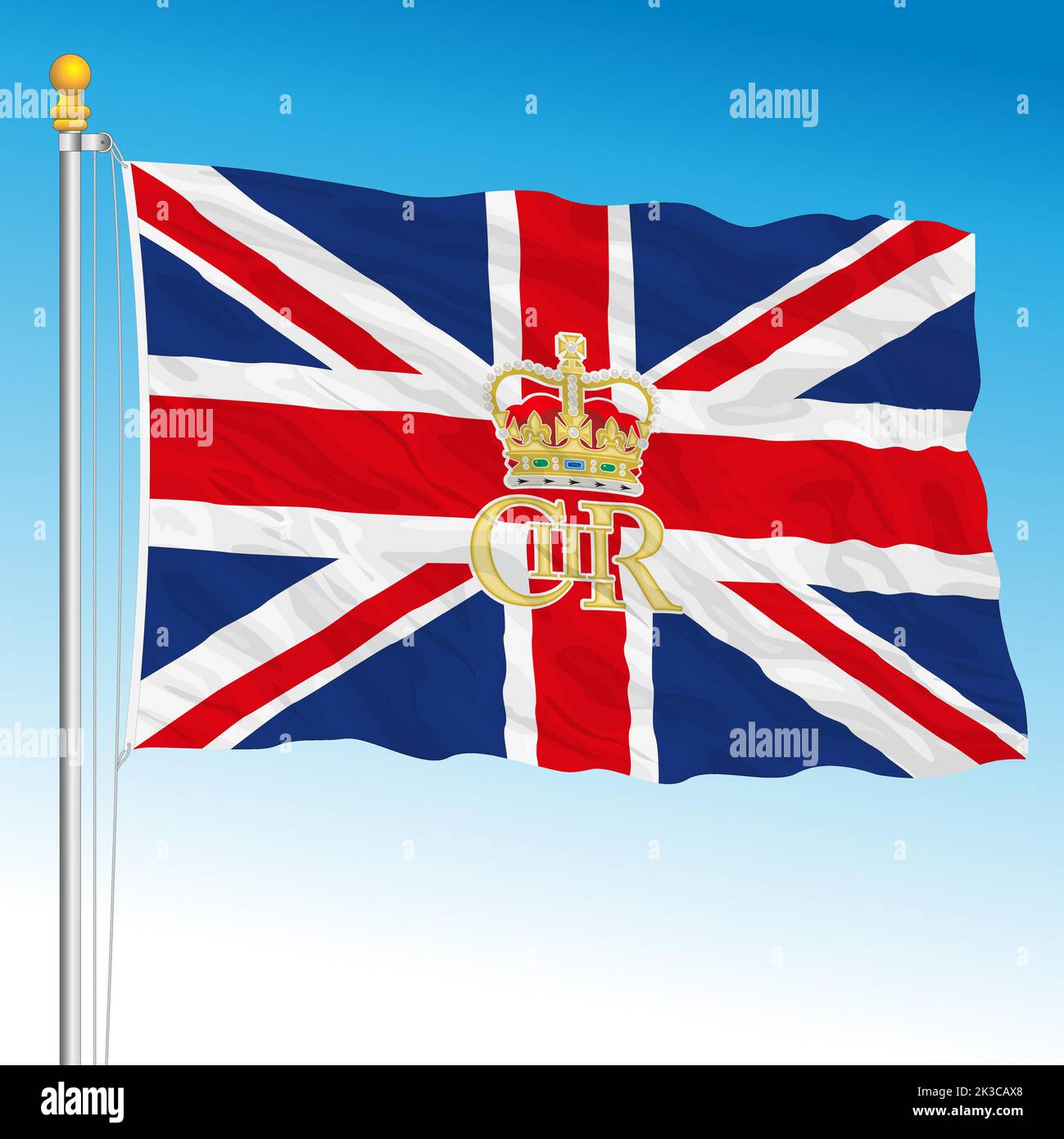 Britische Nationalflagge mit König Charles dritten Symbolen, Vektorgrafik Stock Vektor