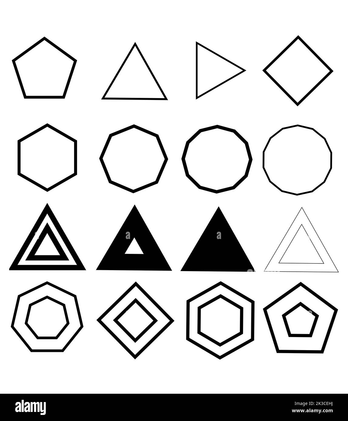 Polygonformen in Schwarz und Weiß, isoliert auf weißem Hintergrund. Abbildung der Polygonsymbole Stockfoto