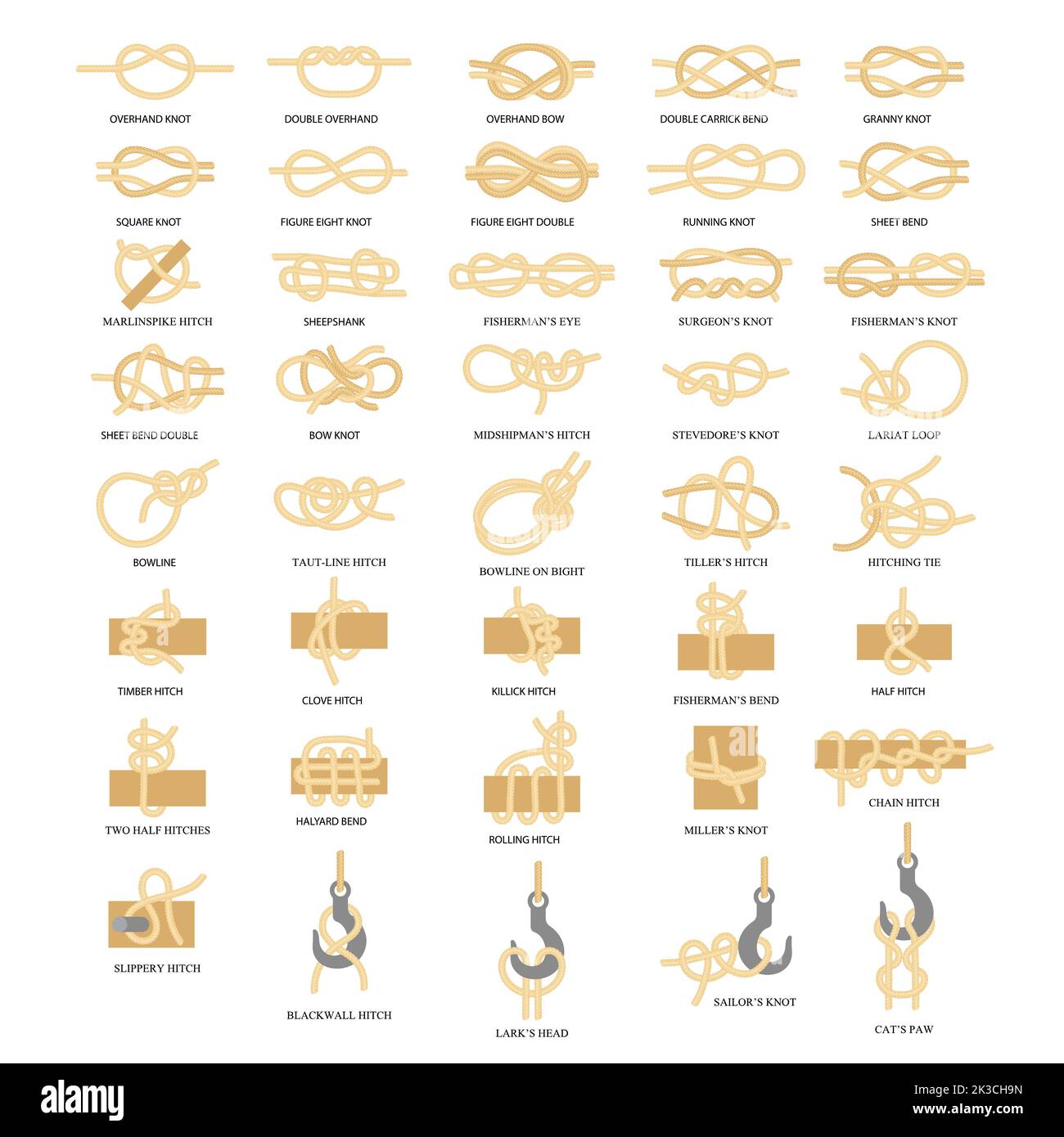 Symbolsatz für nautische Knoten. Segelseil Knoten Vektor flachen Stil Design Illustration isoliert auf weißem Hintergrund. Stock Vektor