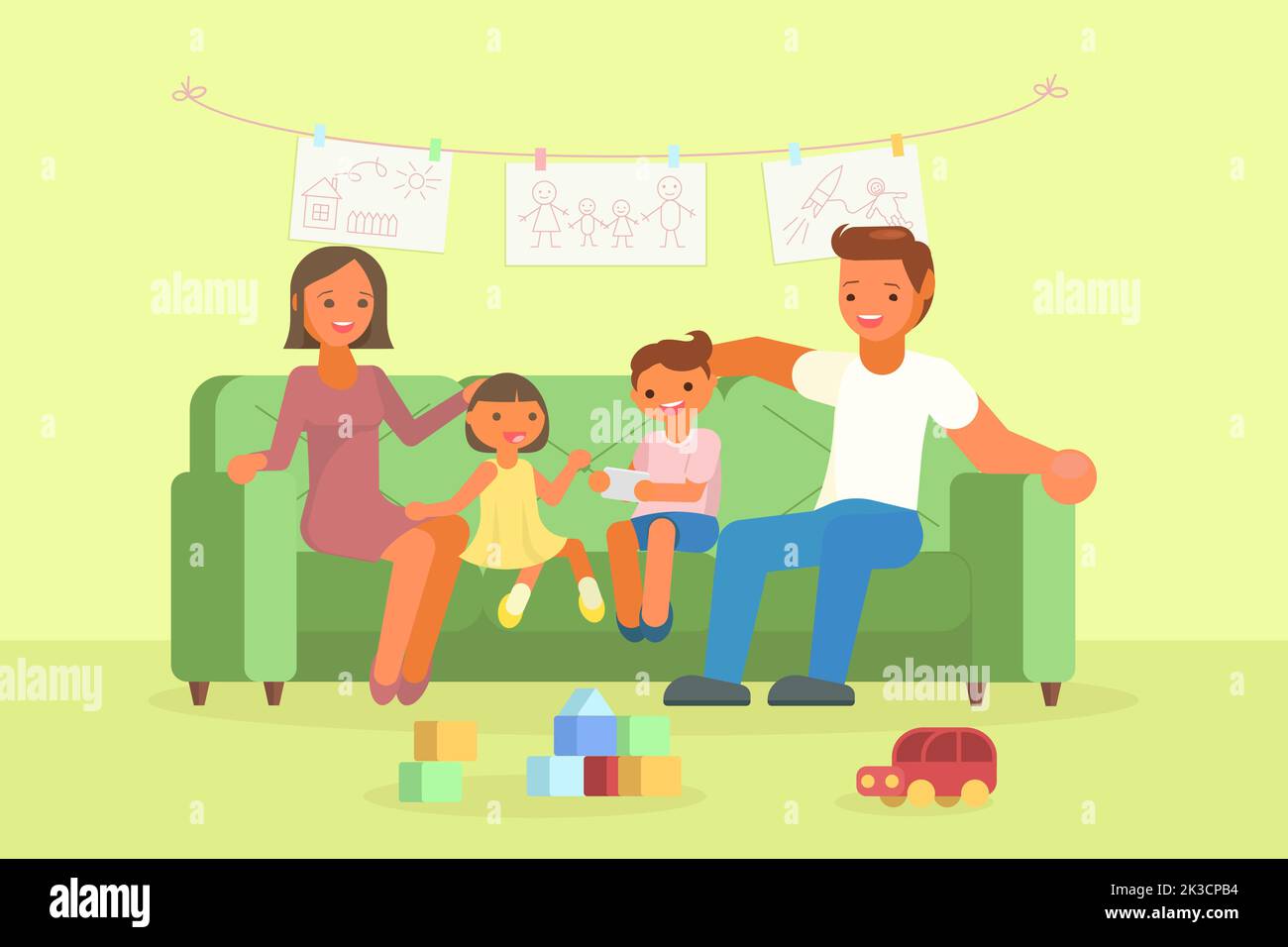 Vektordarstellung von glücklicher Familie, Mama, Papa und zwei Kindern, die gemeinsam auf dem Sofa im Wohnzimmer spielen. Flaches Design. Stock Vektor