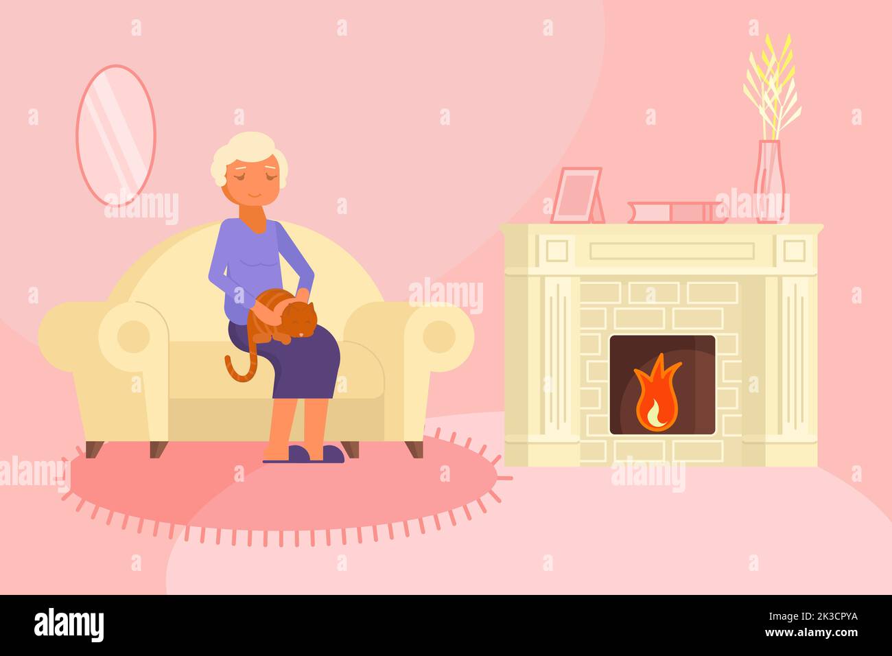 Vektor-Illustration der älteren Frau mit Katze sitzt auf dem Sofa am Kamin im Wohnzimmer. Flaches Design. Stock Vektor