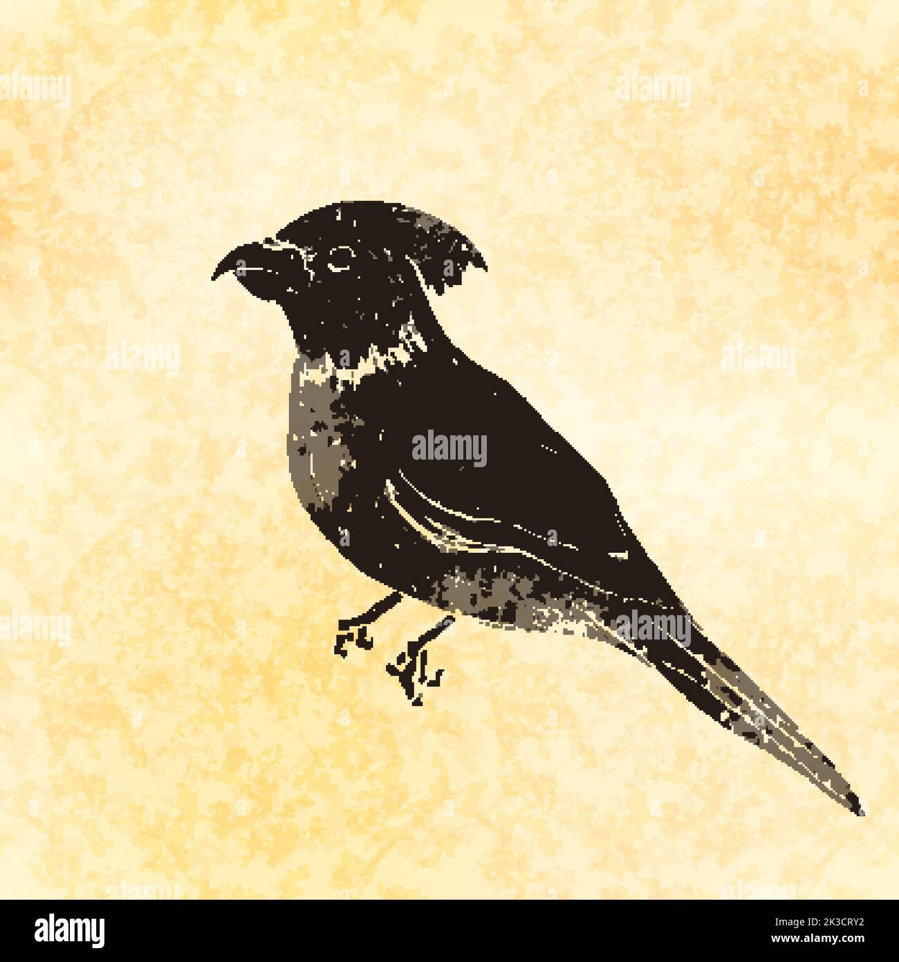 Papagei im Linolschnitt-Retro-Stil, Silhouette eines Vogels auf altem Papier Stock Vektor