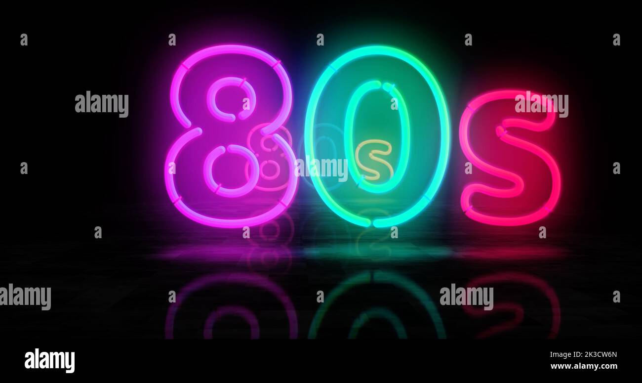 80s Neonsymbol. Retro 1980, achtziger Jahre Nostalgie und vistage Party Stil Licht-Lampen. Abstract Concept 3D Illustration. Stockfoto
