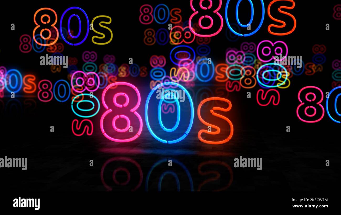 80s Neonsymbol. Retro 1980, achtziger Jahre Nostalgie und vistage Party Stil Licht-Lampen. Abstract Concept 3D Illustration. Stockfoto