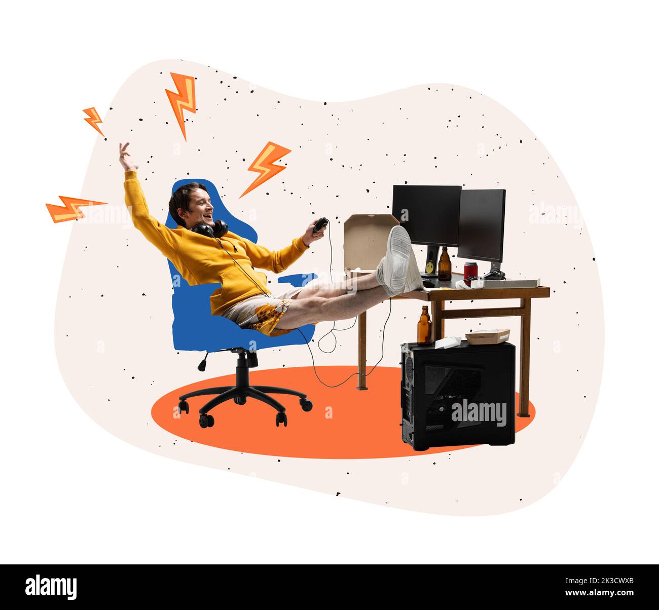 Junger Mann, Student, der zu Hause sitzt und Computerspiele spielt. Farbenfroher Minimalismus. Business, Studium, Bildung, Jugend, Remote-Arbeitsplatz-Konzept Stockfoto