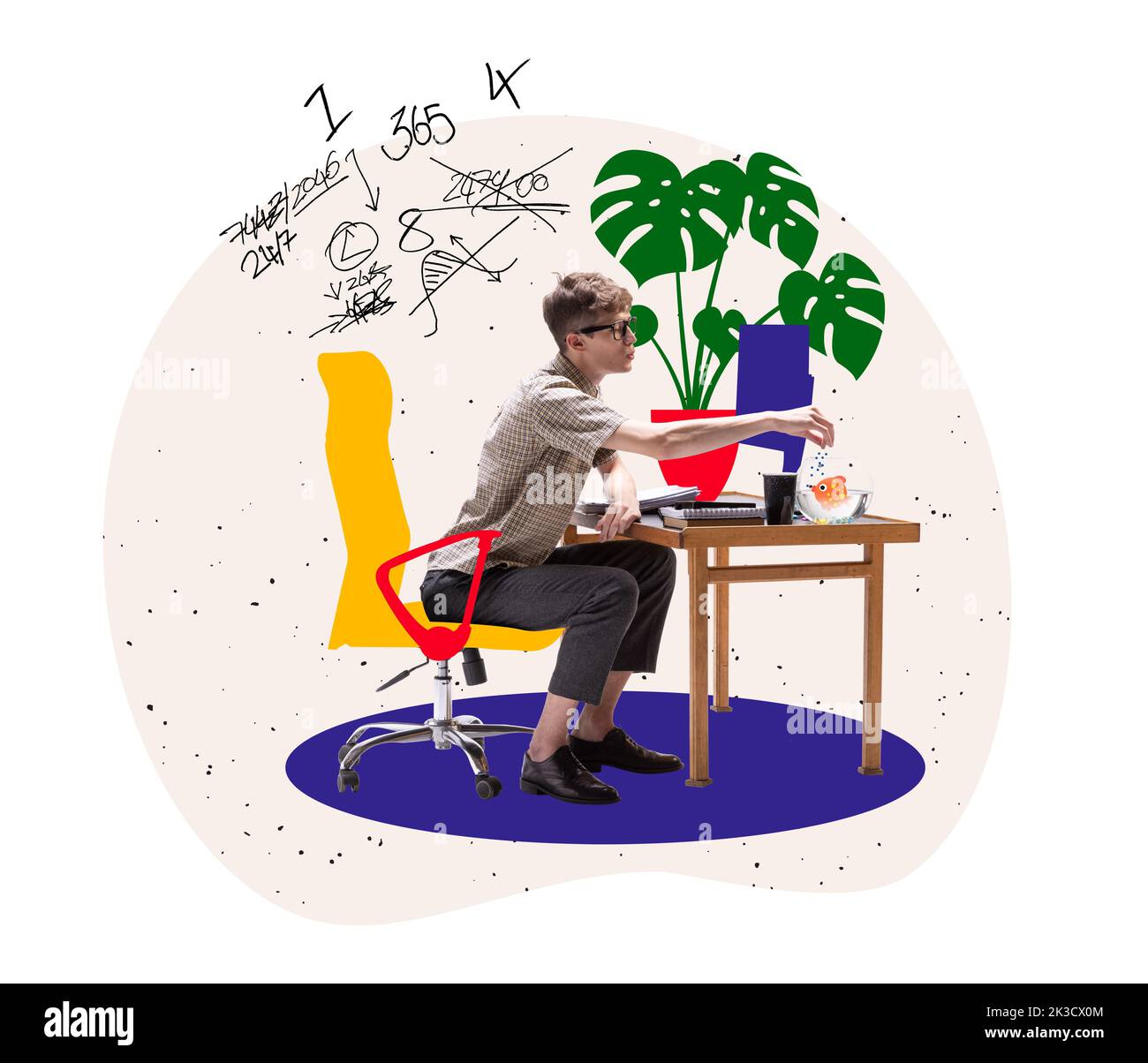 Intelligente und ernsthafte Schüler füttern Goldfische zu Hause. Farbenfroher Minimalismus. Business, Studium, Bildung, Jugend, Remote-Arbeitsplatz-Konzept Stockfoto