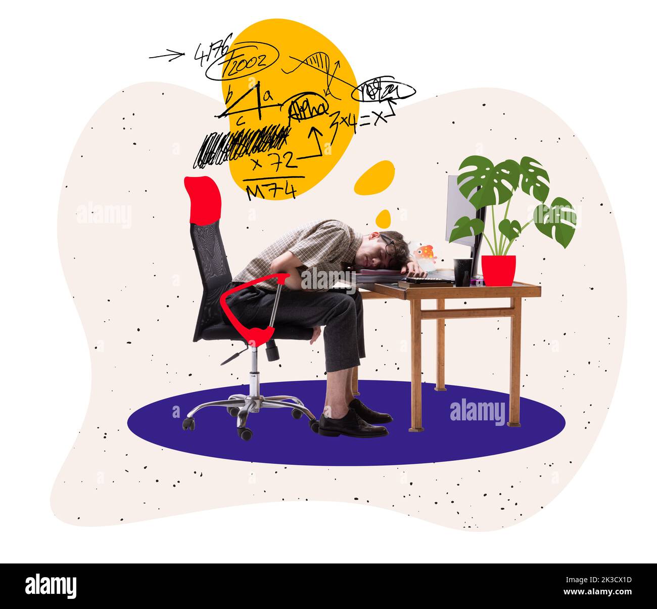 Müde Wissenschaftler, Student schlief nach einem harten Tag der Universität. Business, Studium, Bildung, Jugend, Remote-Arbeitsplatz-Konzept Stockfoto