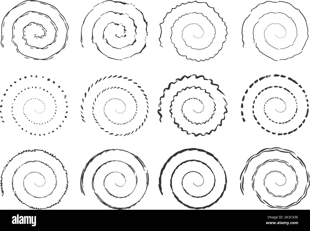 Grunge Black Spirals Kollektion. Isolierte Tintenpinsel kreisen um Elemente. Wirbeln Sie dekorative Spirale, Vektor Vortex Symbole gesetzt. Wirbelndes Design Stock Vektor