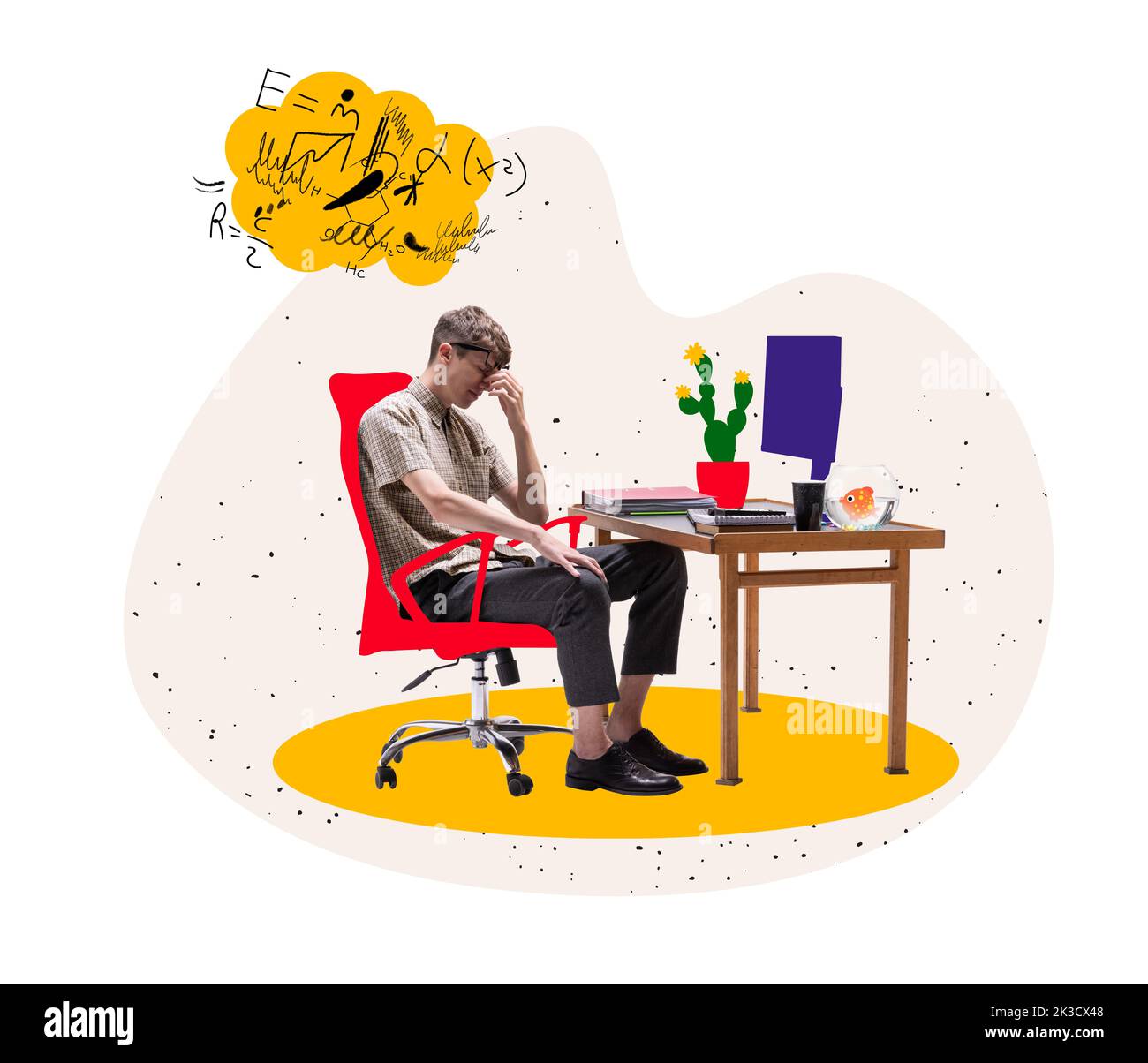 Junger Mann, der zu Hause sitzt und am Computer arbeitet. Farbenfroher Minimalismus. Business, Studium, Bildung, Jugend, Remote-Arbeitsplatz-Konzept Stockfoto