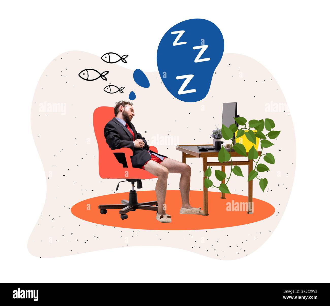 Junger Geschäftsmann sitzt zu Hause und schläft nach einem harten Arbeitstag. Business, Studium, Bildung, Jugend, Remote-Arbeitsplatz-Konzept Stockfoto