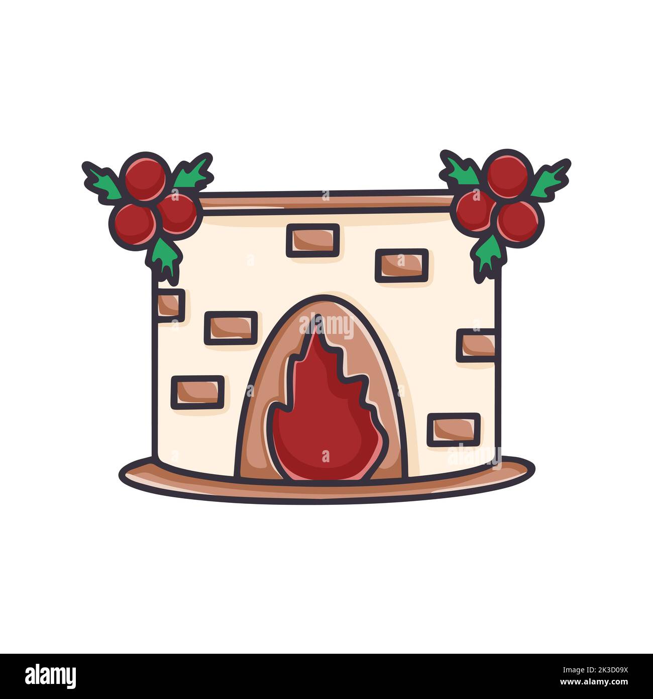 Kamin mit Feuer mit Kugeln und Tannenzweigen Cartoon Cliparts dekoriert. Weihnachtsherde am Silvesterabend isolierte Vektorgrafik Stock Vektor